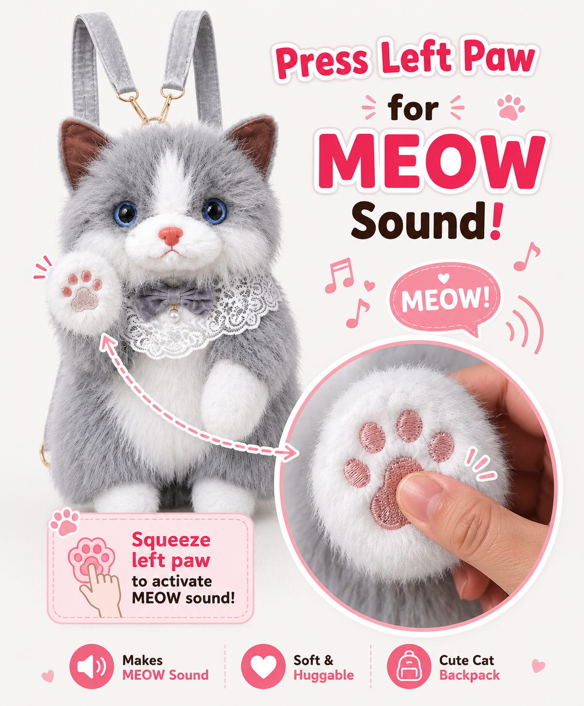 MISTY Plush Cat Backpack (Grey) | Stylika