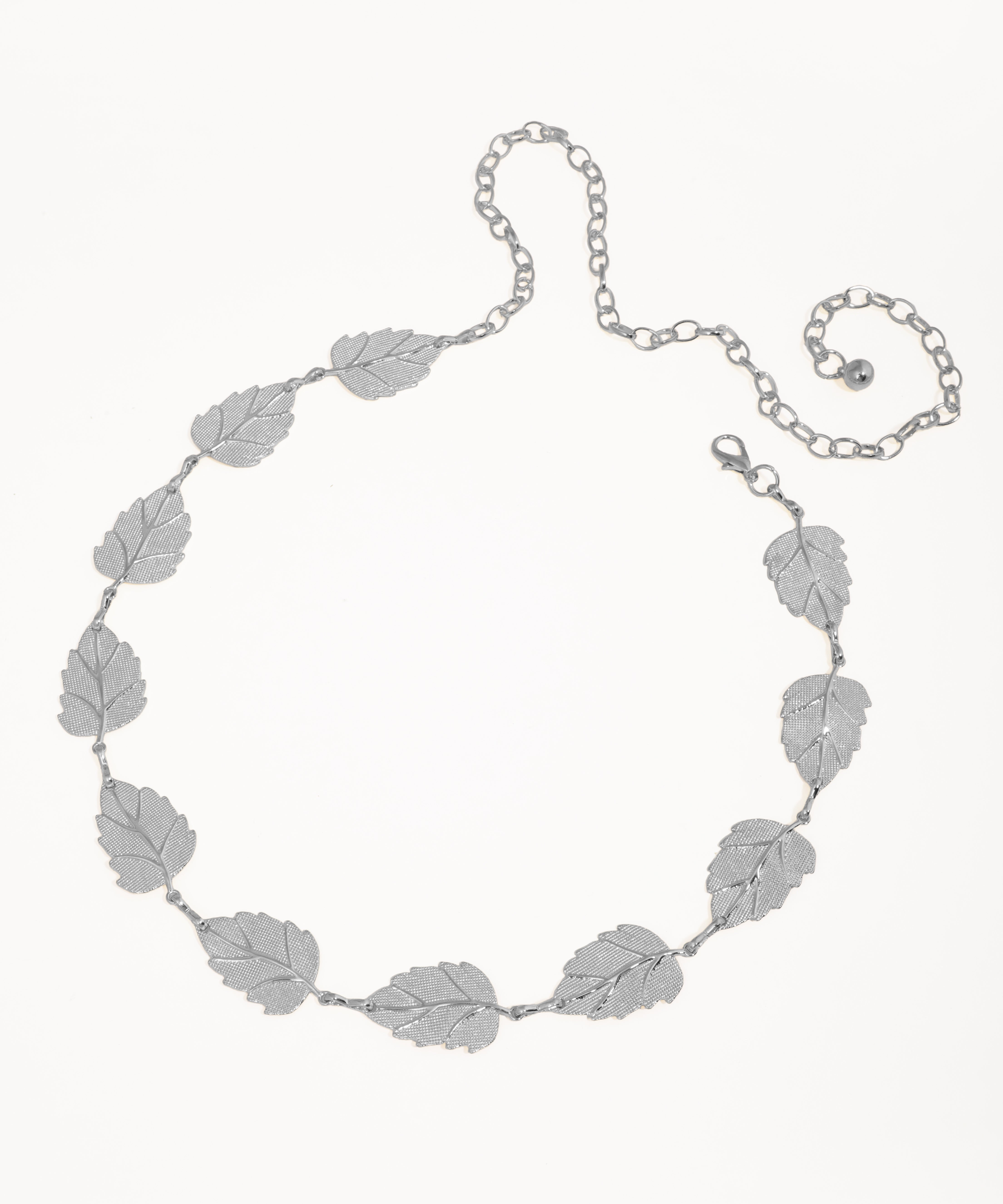 Silver leaf necklace on a white background