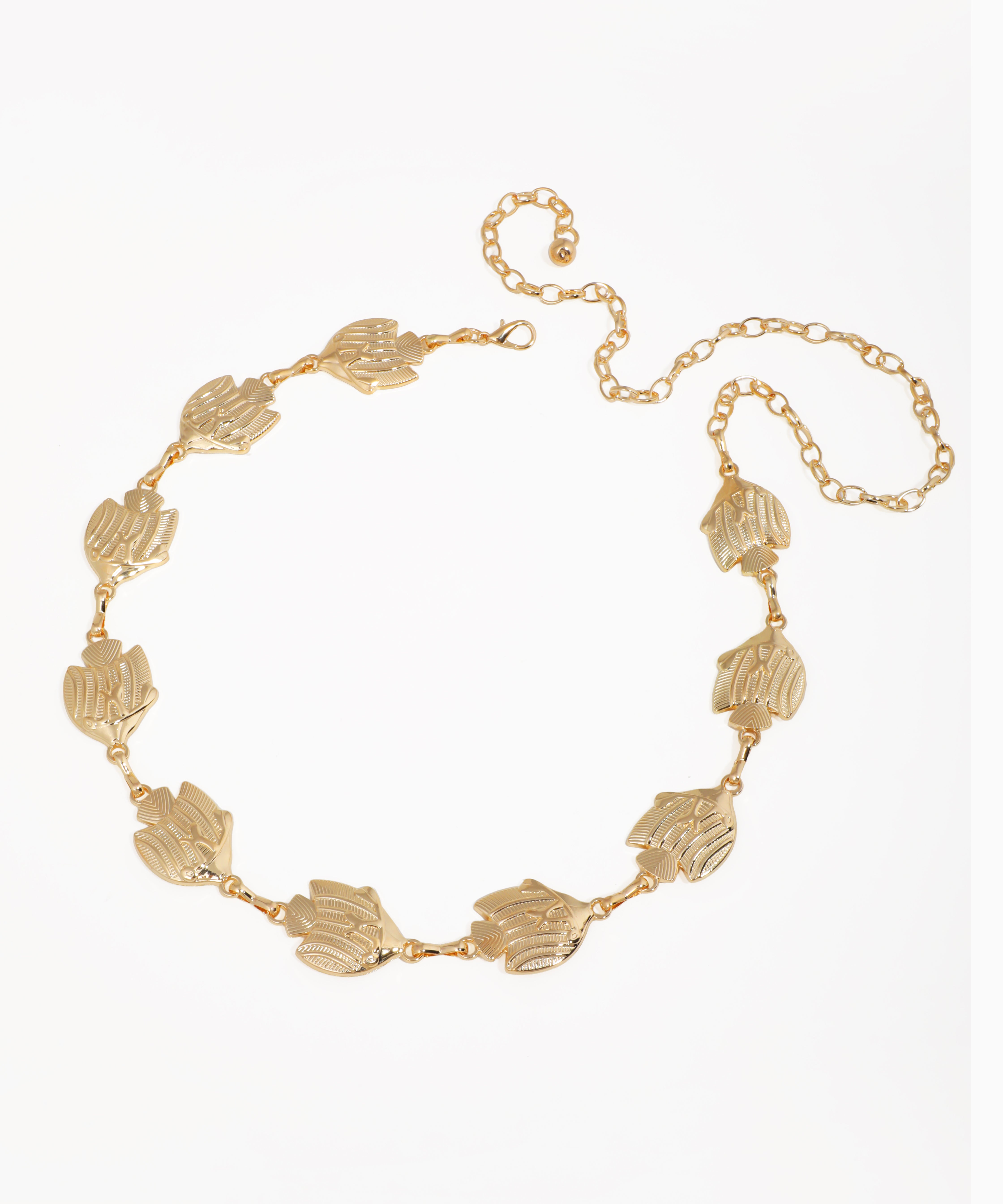 Gold-tone waist chains with textured fish motifs and adjustable clasp