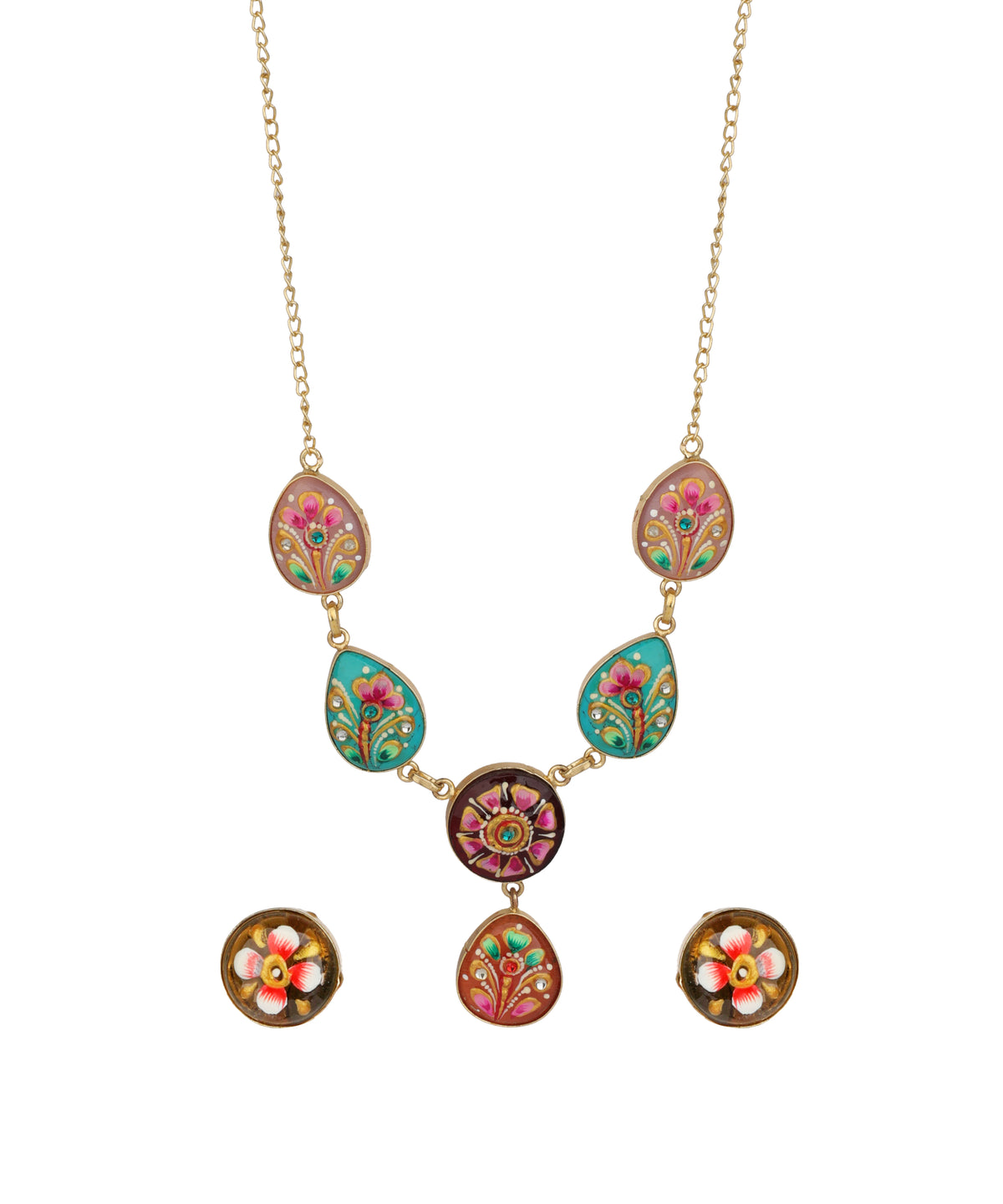 Gold-tone necklace and matching stud earrings featuring colorful hand-painted floral and paisley enamel details in pink, teal, green, and gold, displayed on a clean white background.