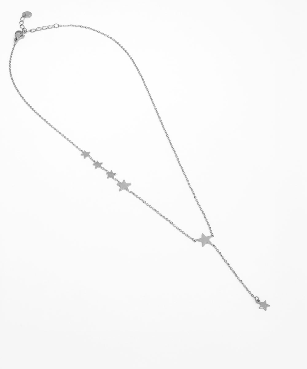 Silver necklace with star-shaped pendants on a white background