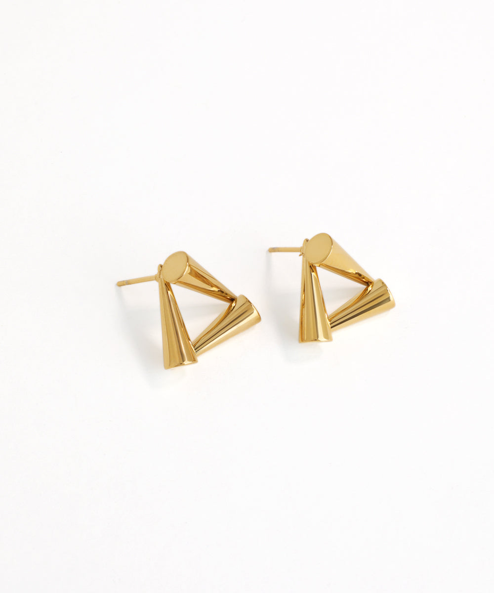 Gold triangle-shaped earrings on a white background