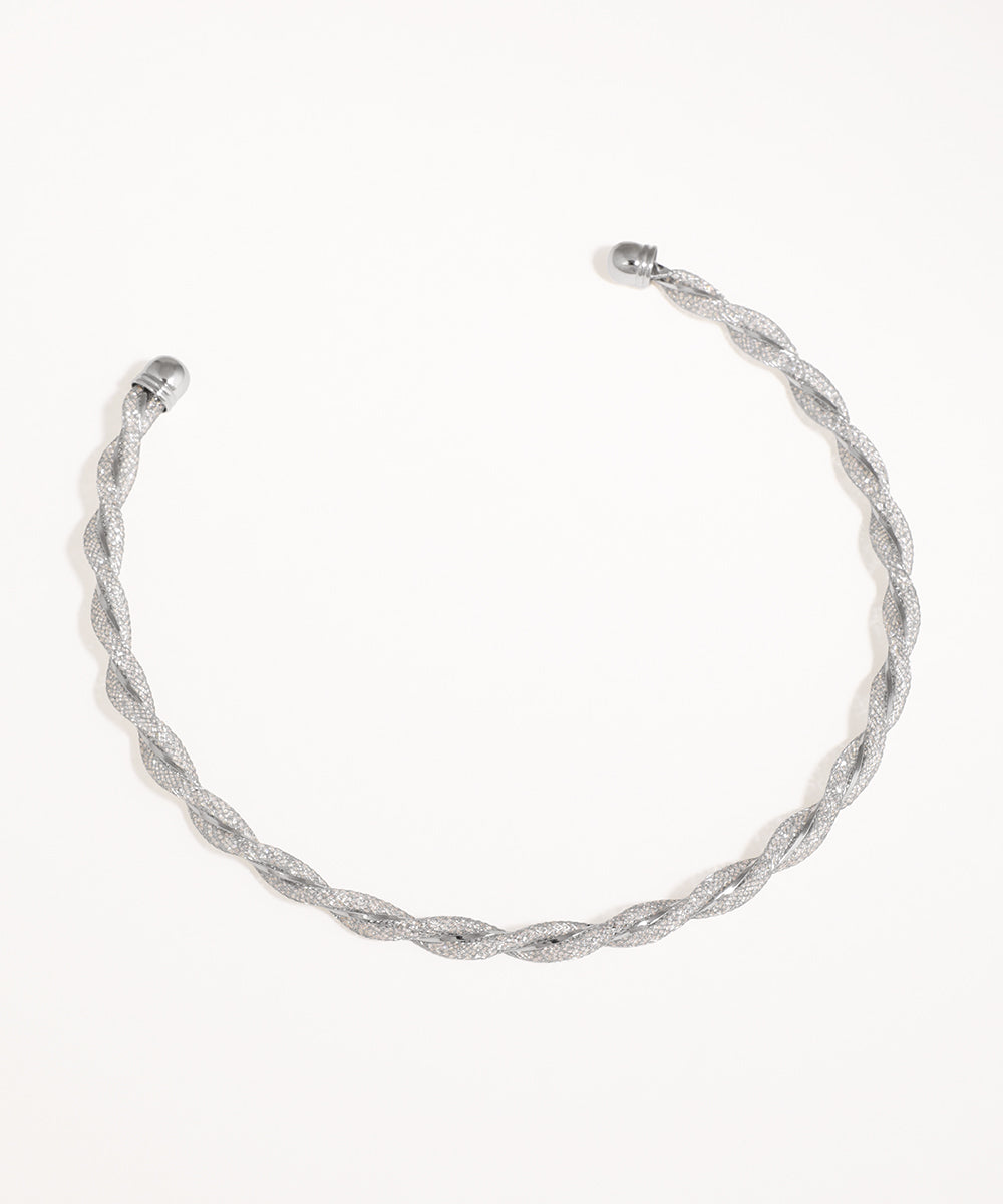 Rhodium finish collar necklace with intertwined strands of clear CZ stones
