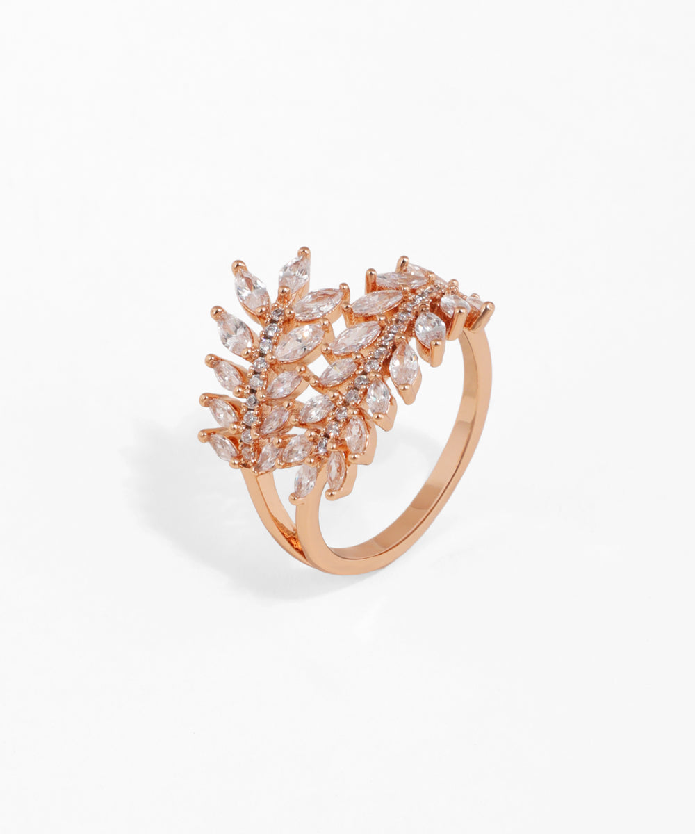 Rose-gold-tone ring with marquise and round CZ stones in a leaf cluster design