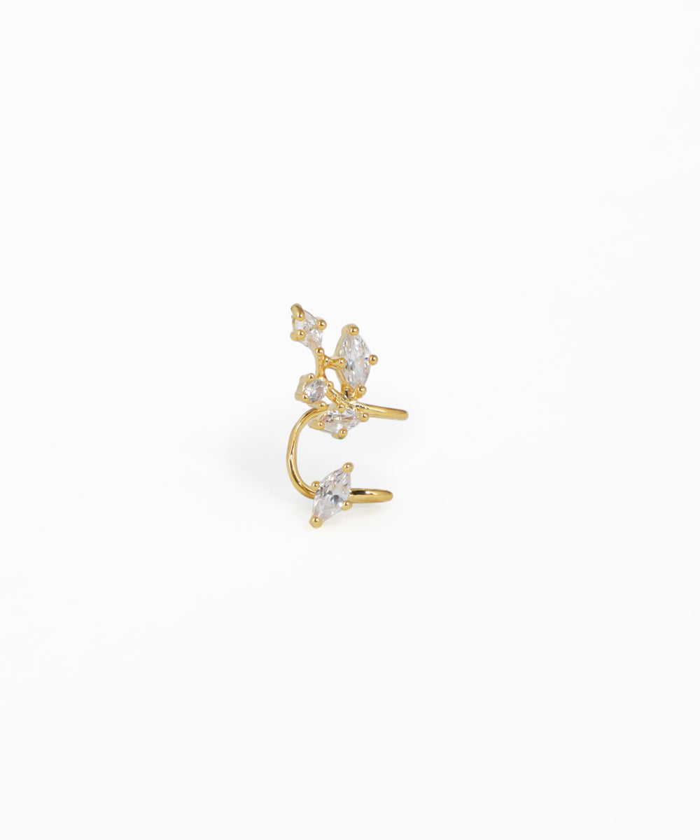 Gold-tone ear cuff with marquise and round cubic zirconia stones in a delicate floral cluster design