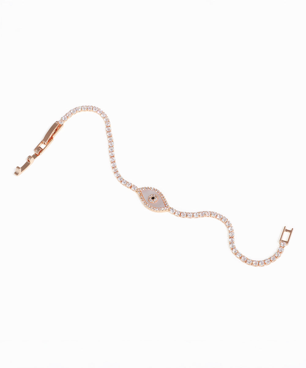 Rose gold bracelet with a clasp on a white background