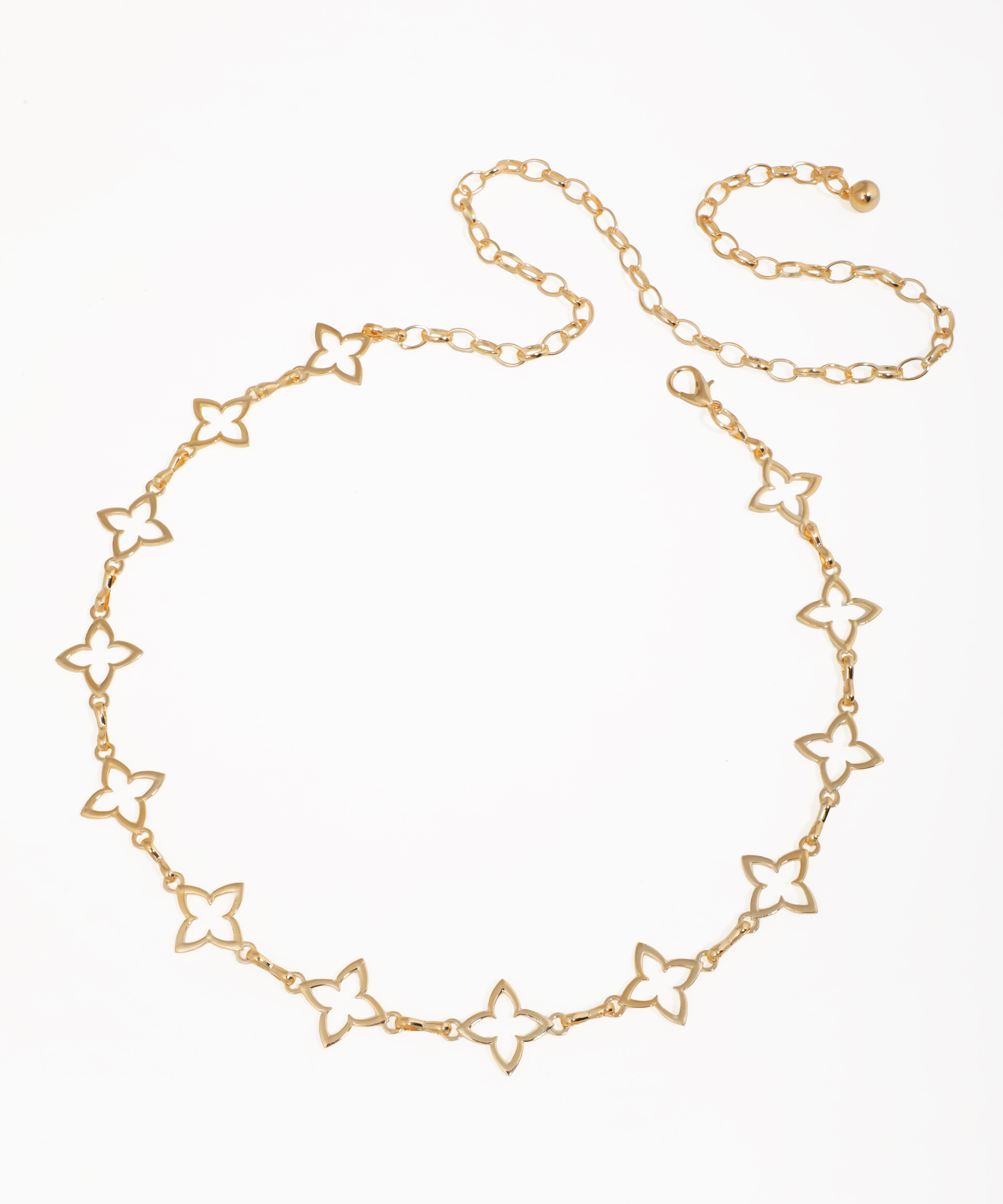Gold-tone waist chains with cut-out floral motifs and an adjustable chain closure