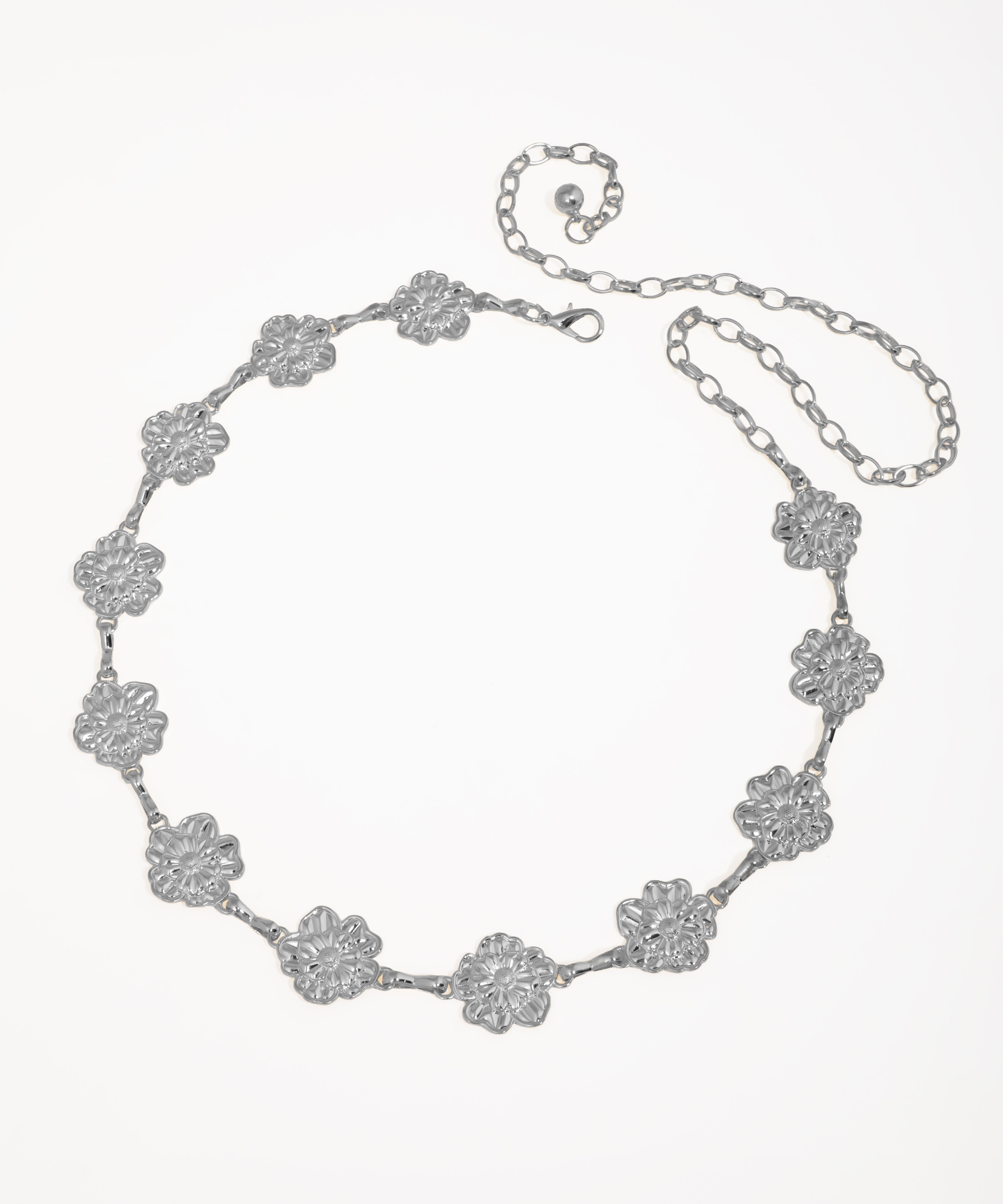 Silver floral necklace on a white background