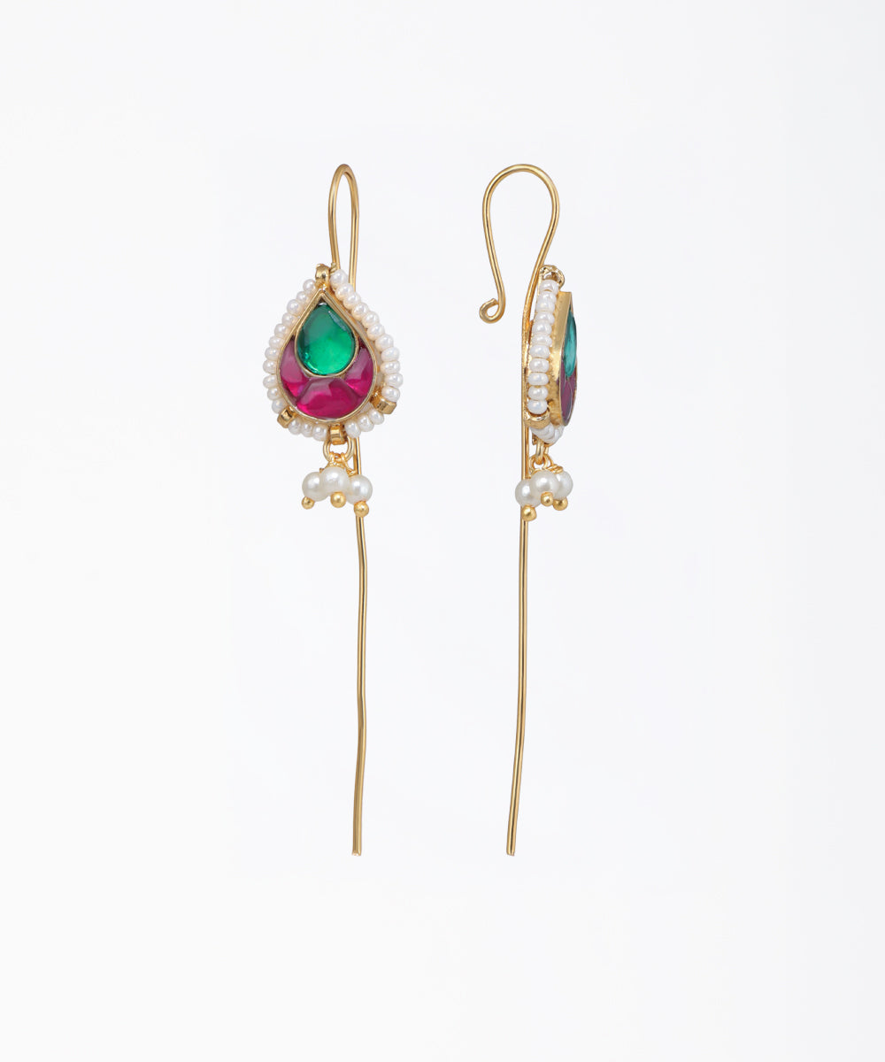 Gold-tone Oxidise earrings with green and pink teardrop stones and faux pearl outline, long wire drop.