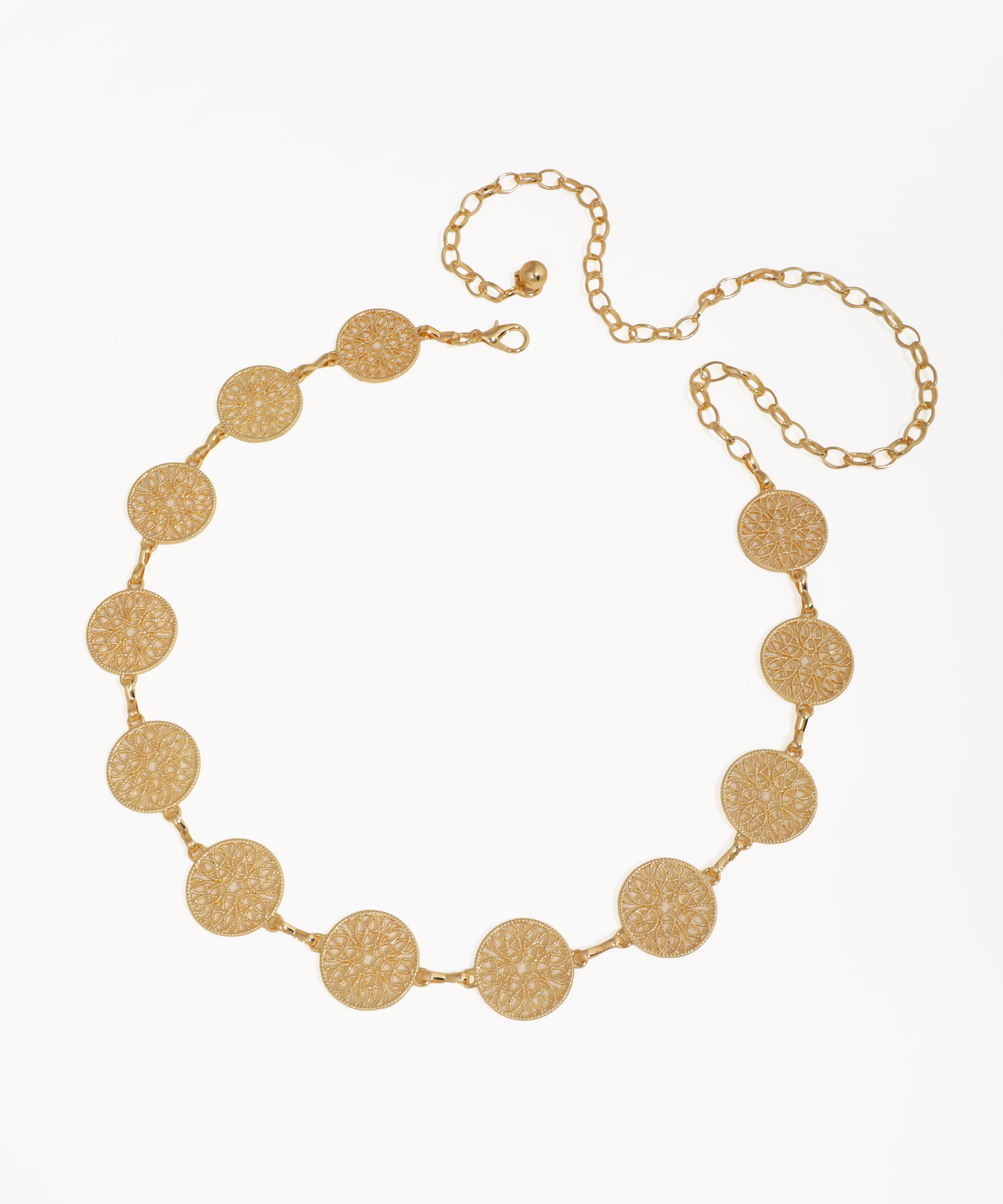 Gold-tone waist chains with intricate filigree disc medallions
