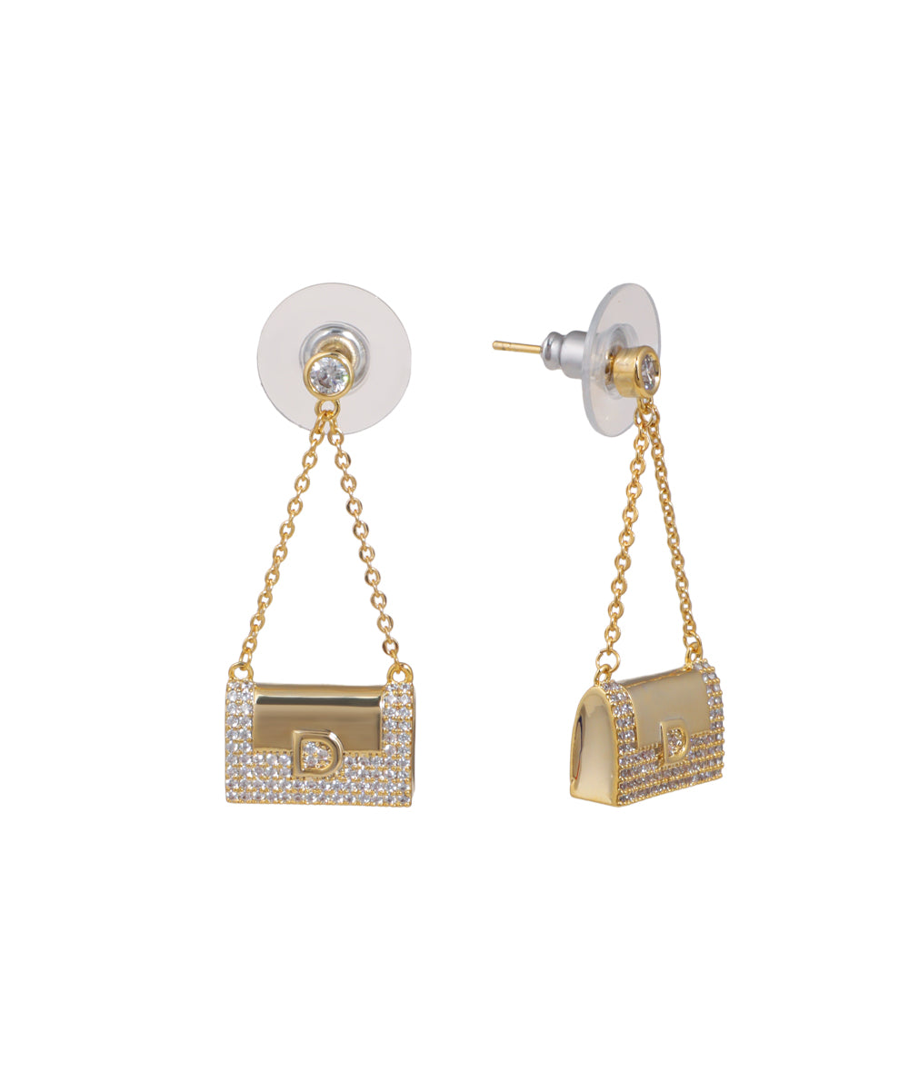 Gold-tone drop earrings in a mini handbag shape with clear stone embellishments
