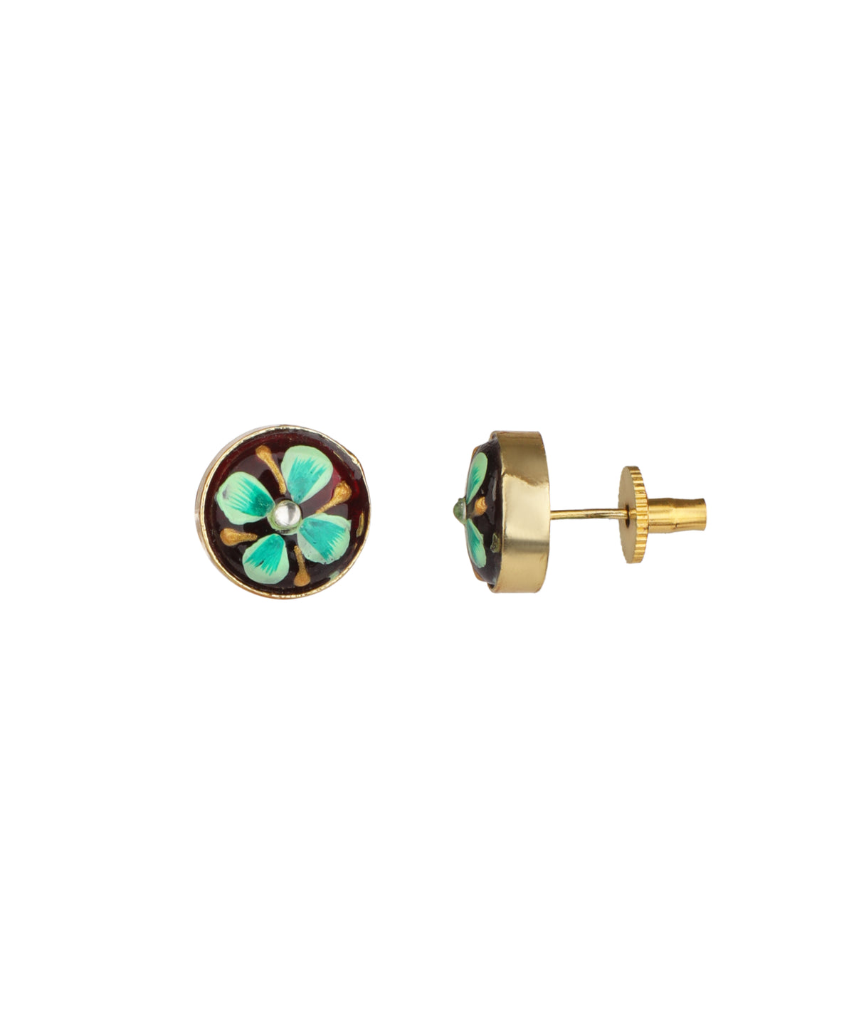 A pair of gold round stud earrings featuring a turquoise and green floral enamel design with a small central pearl, shown against a plain white background.