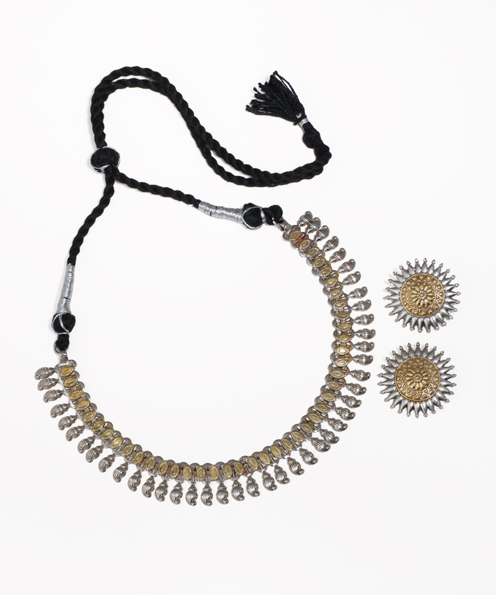 Oxidized silver-tone and gold-tone drop necklace with stud earrings