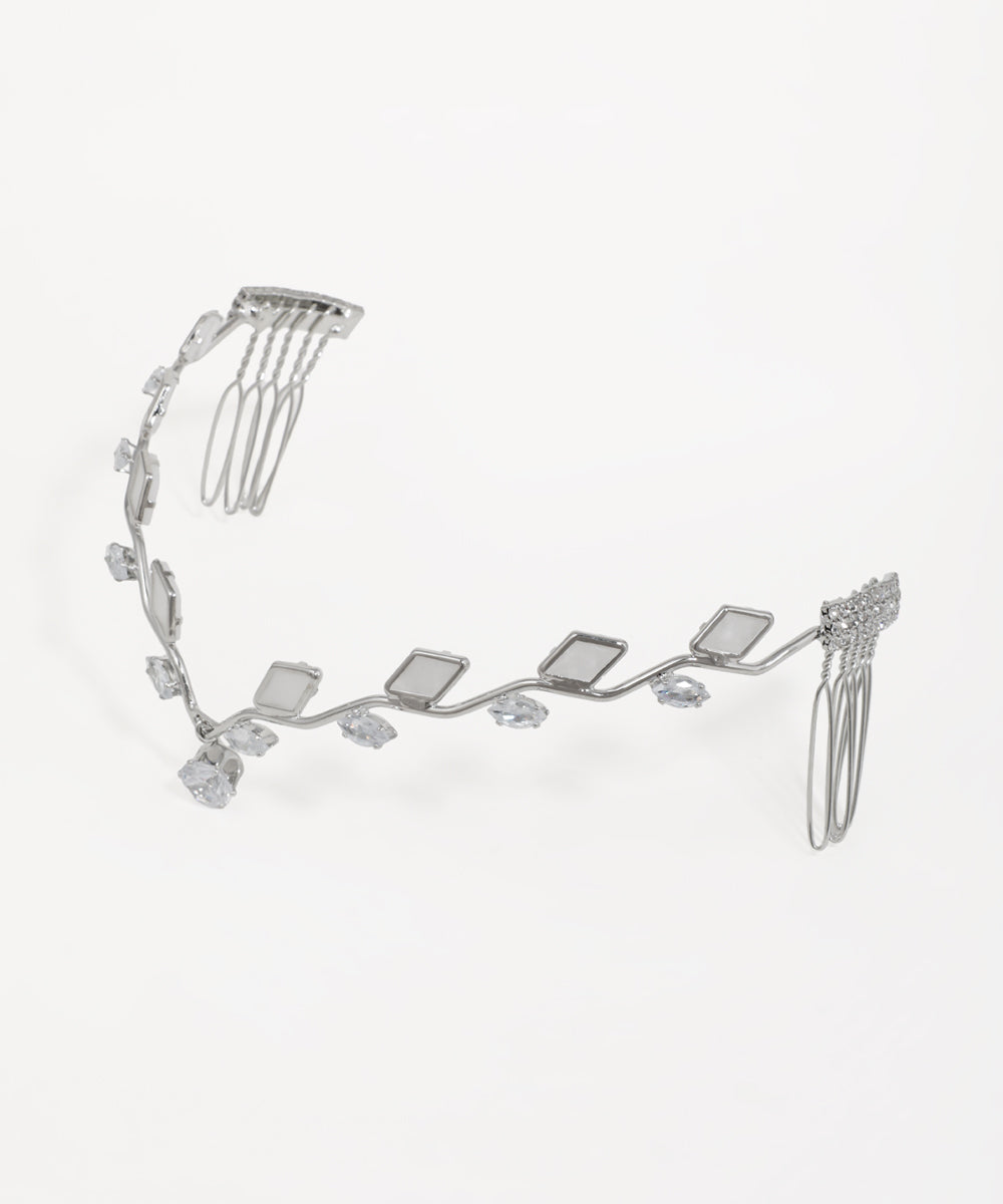 Rhodium finish tiara with clear CZ stones and rectangular accents