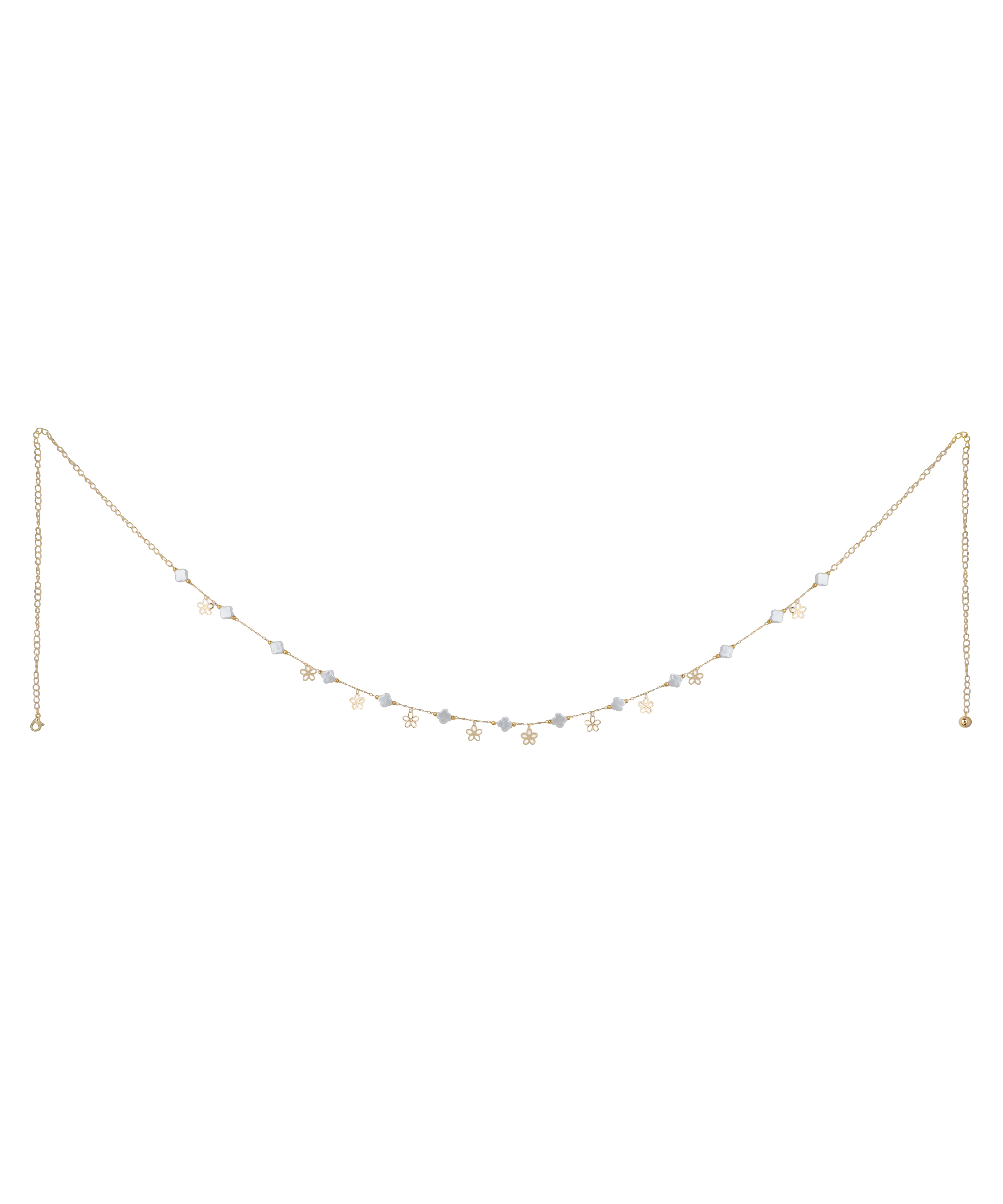 Gold-tone waist chain with small square glass crystals and floral charms