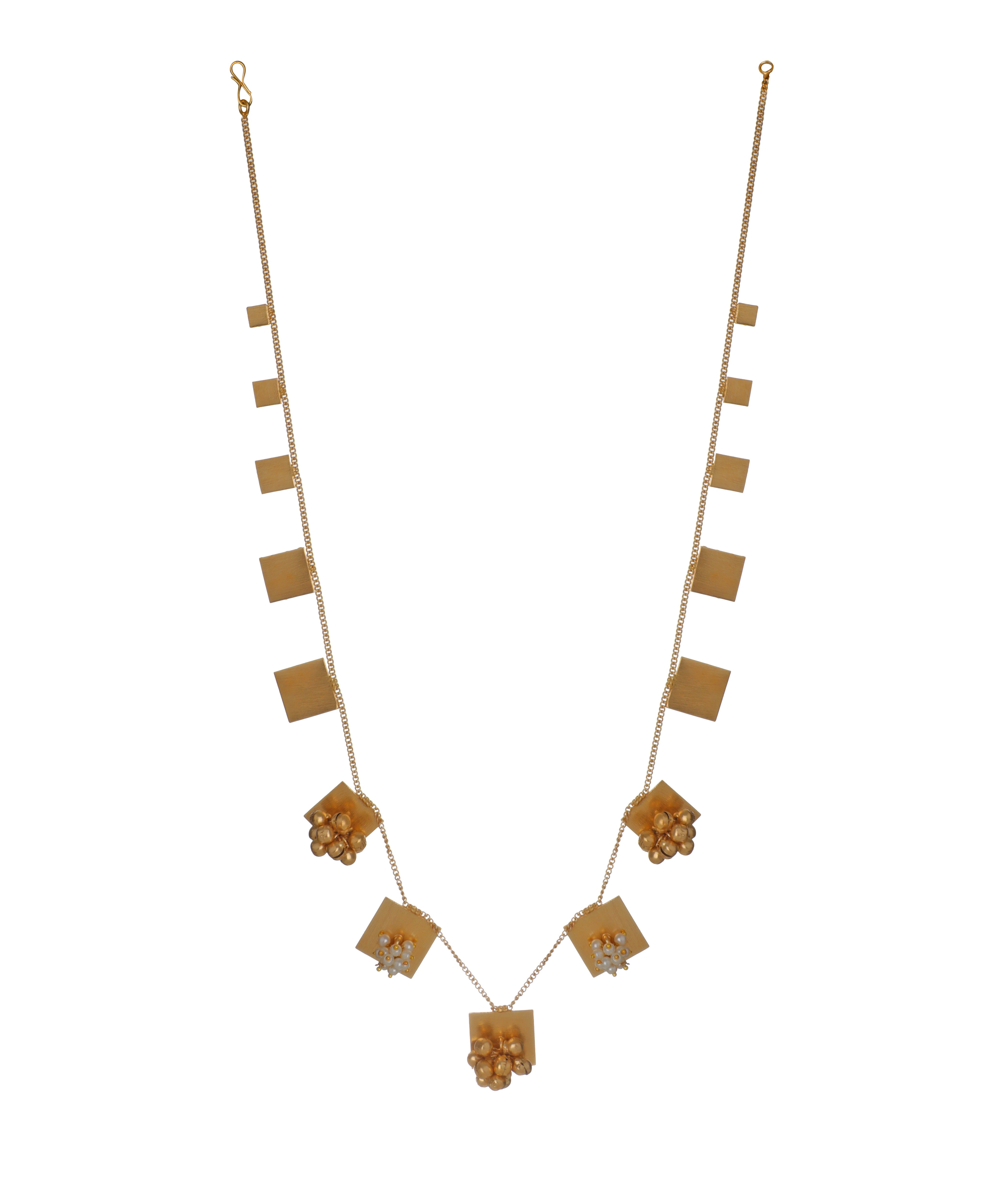 Gold-tone necklace with geometric square elements and faux pearl clusters, with matching earrings.