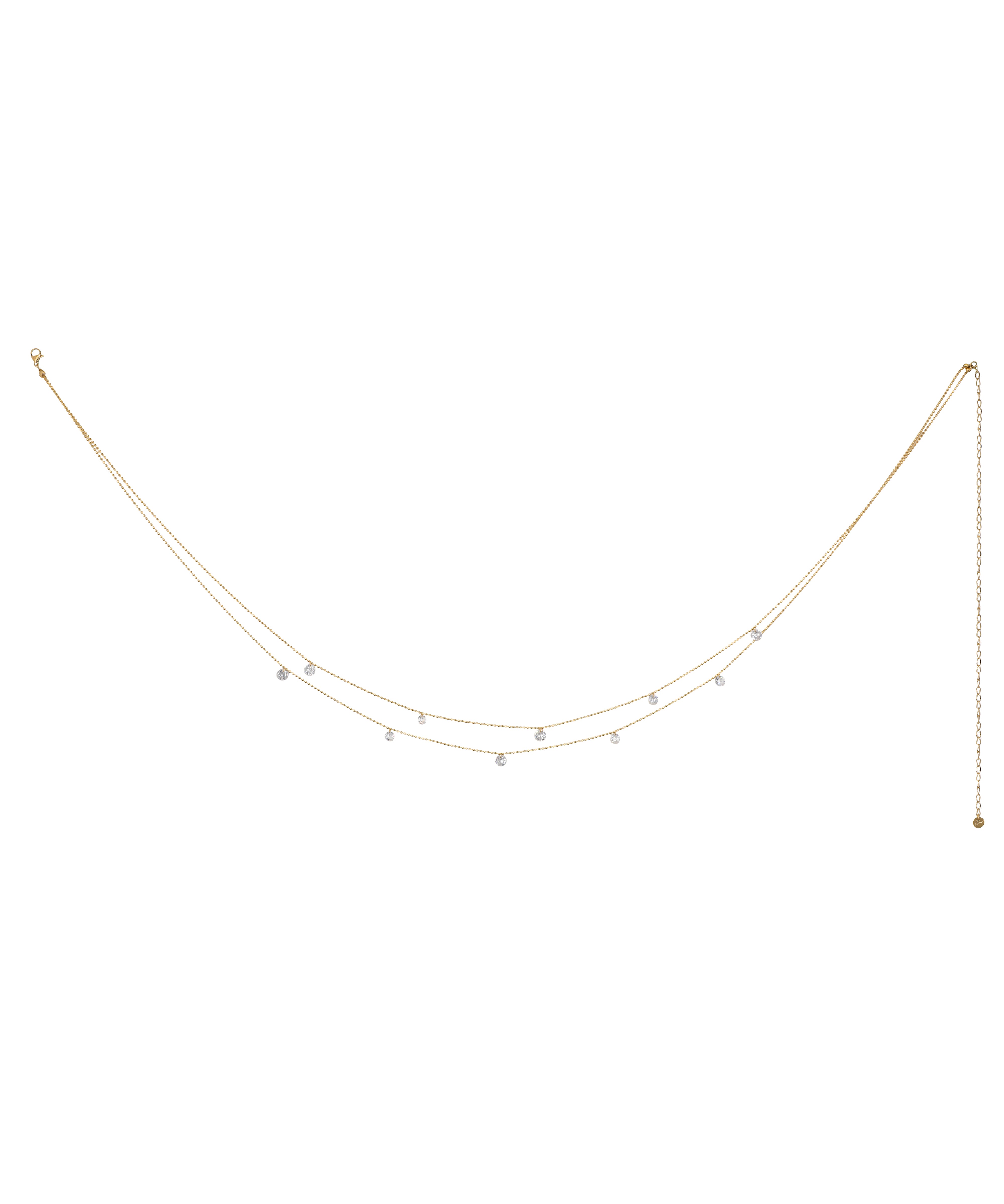 Gold-tone waist chain with clear round stone drops on a dual layered chain