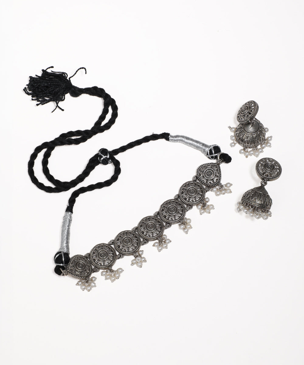 Oxidise silver-tone medallion choker necklace with faux pearl drops and matching jhumka earrings