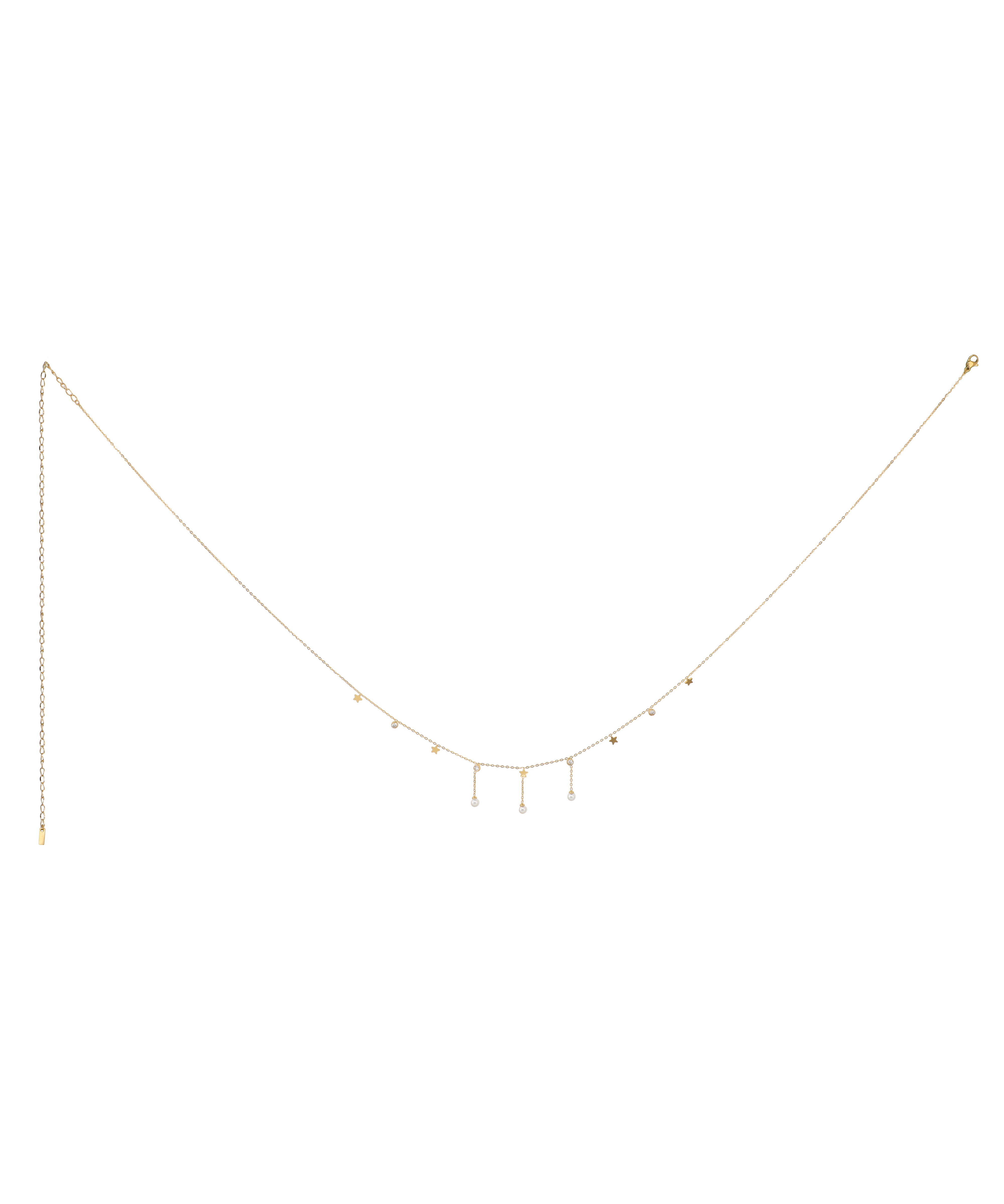 Gold-tone waist chain with delicate star and round stone charms, featuring an adjustable extender.