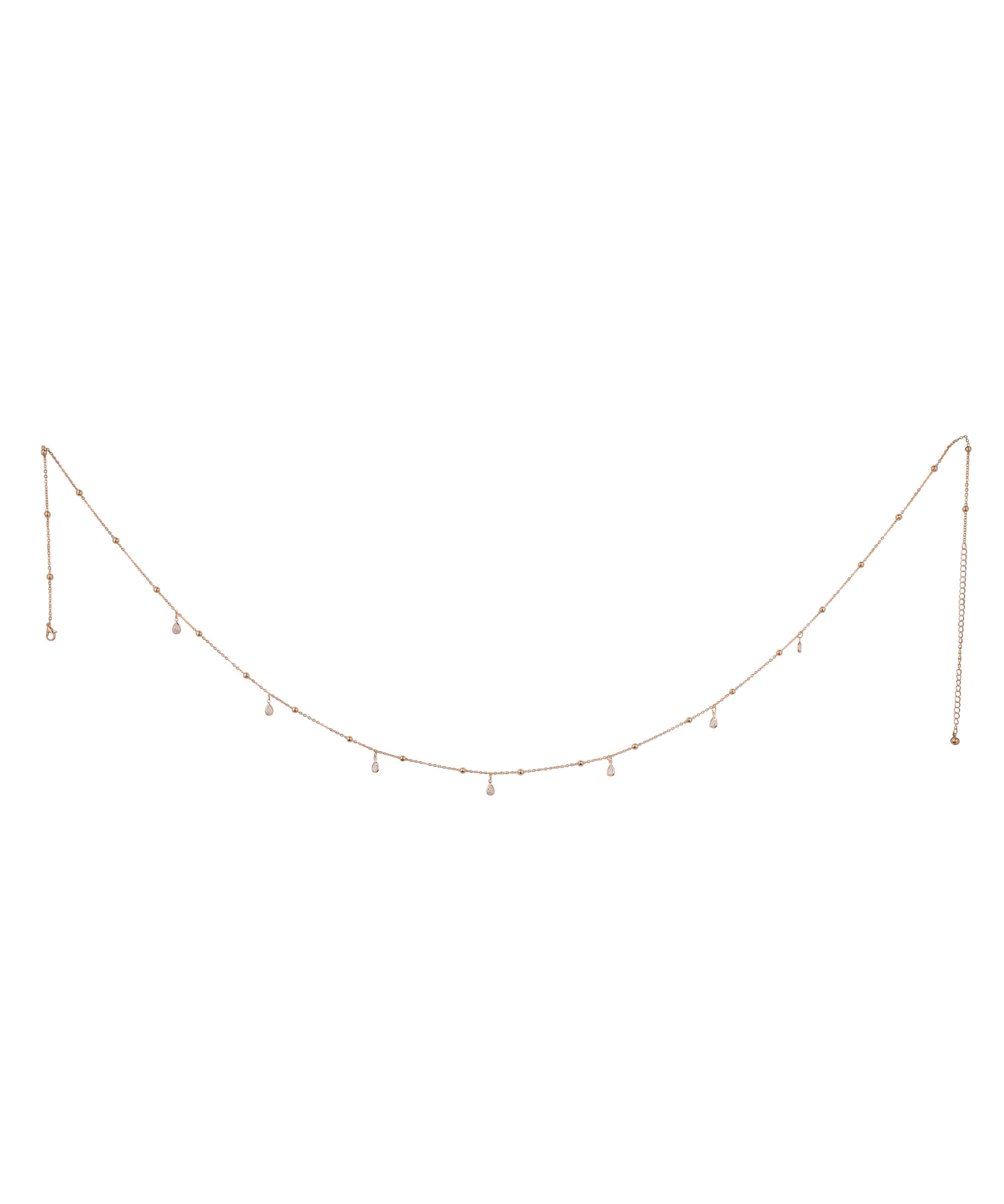 Rose-gold-tone waist chain with small beads and clear teardrop dangle stones