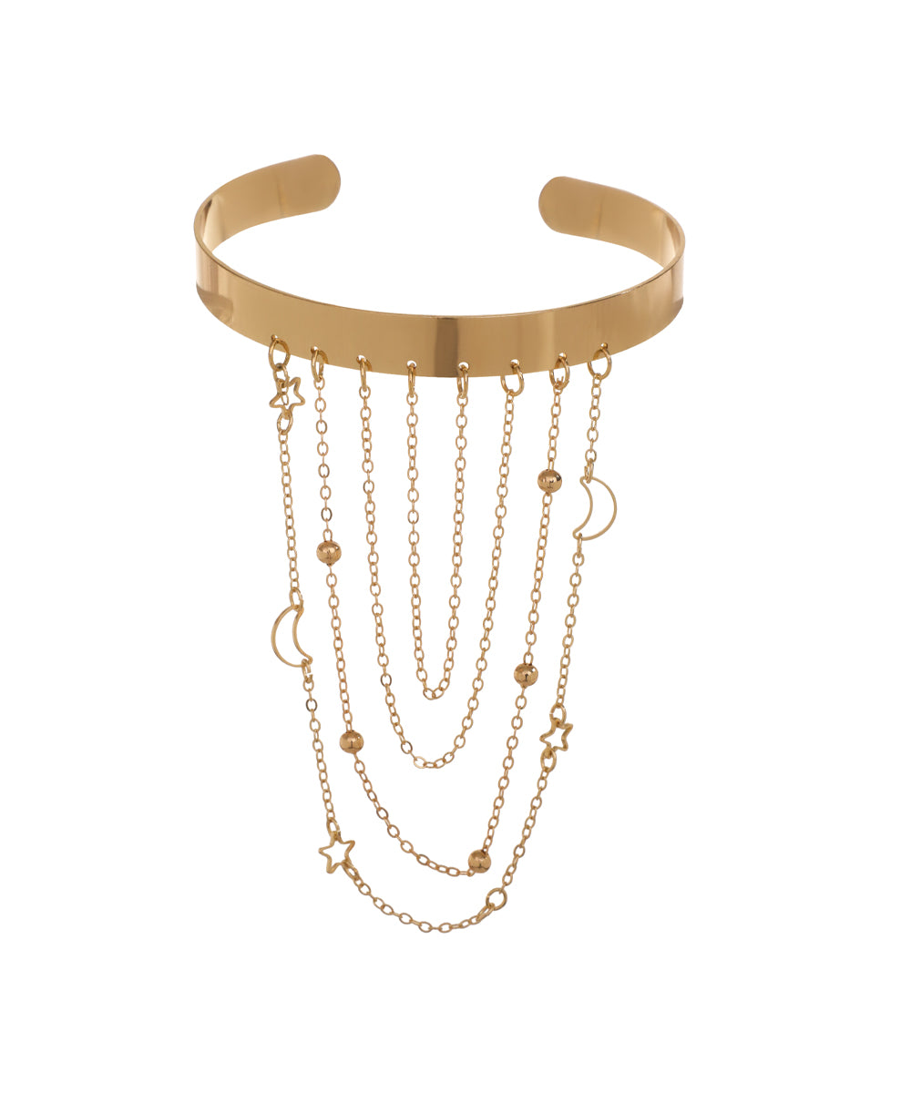 Gold-tone arm cuff with dangling chains, stars, moons, and beads