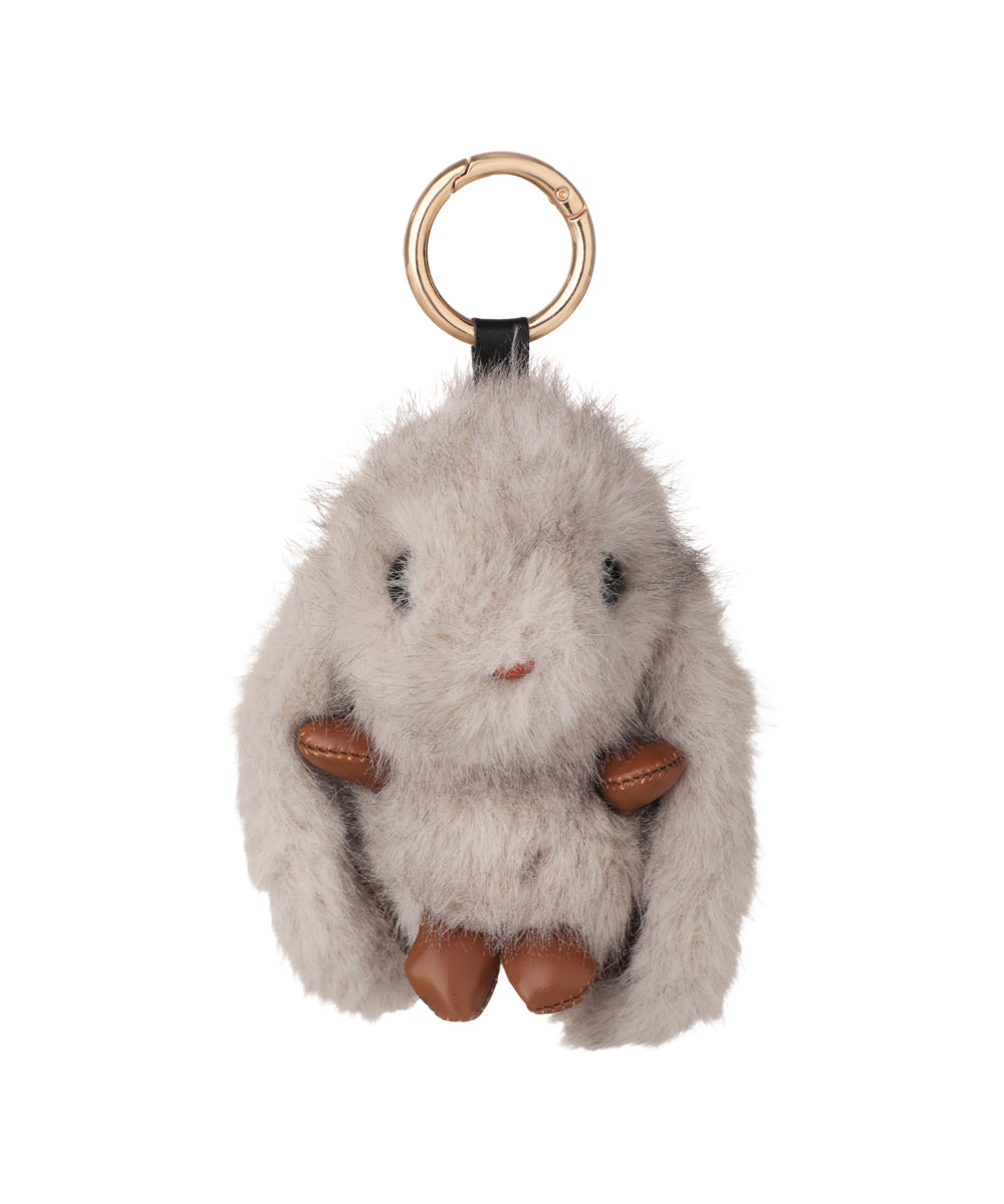 Gold-tone bag charm with fluffy grey bunny and brown faux leather details