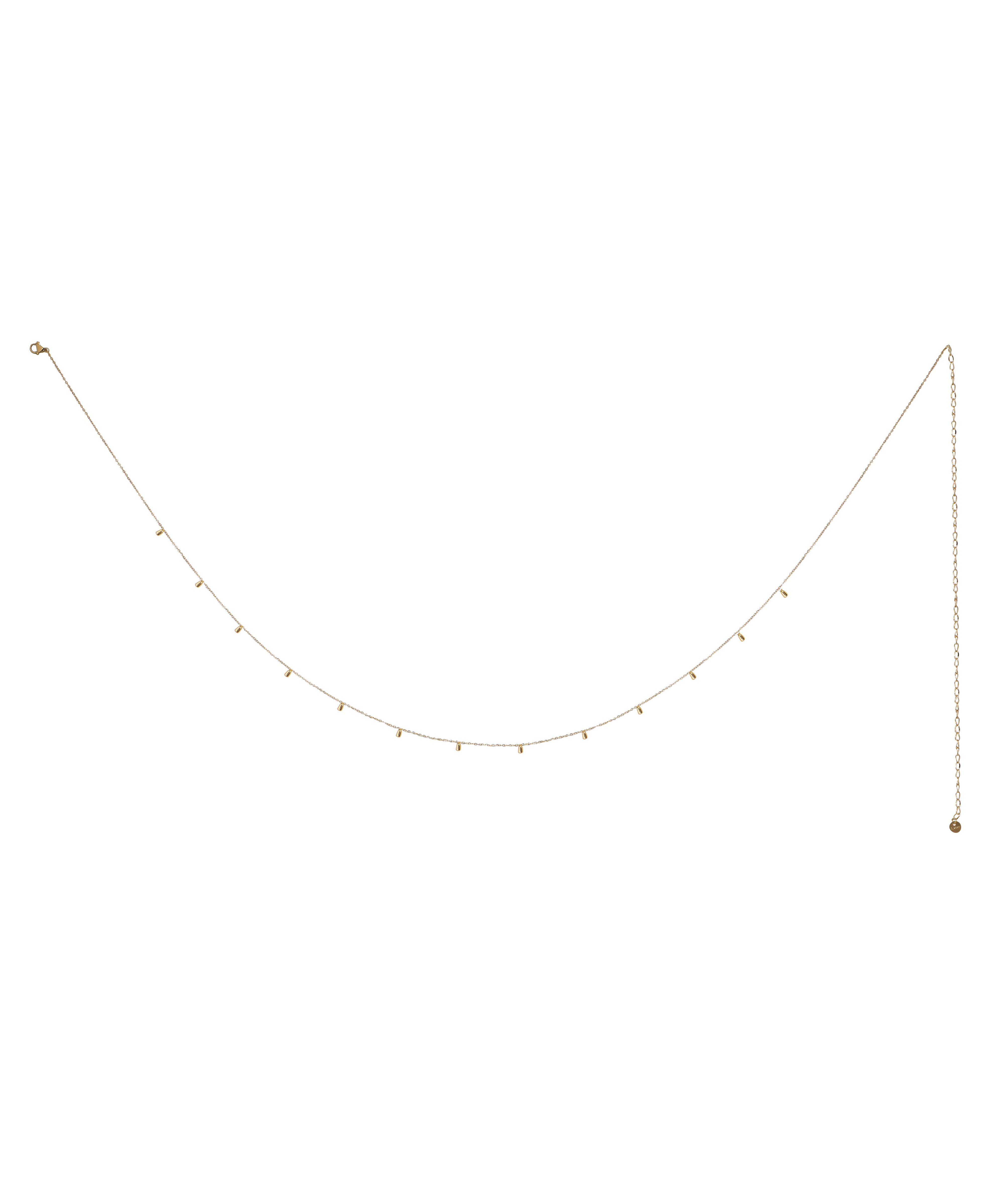 Gold-tone waist chain with small cylindrical bead dangles and adjustable extender.