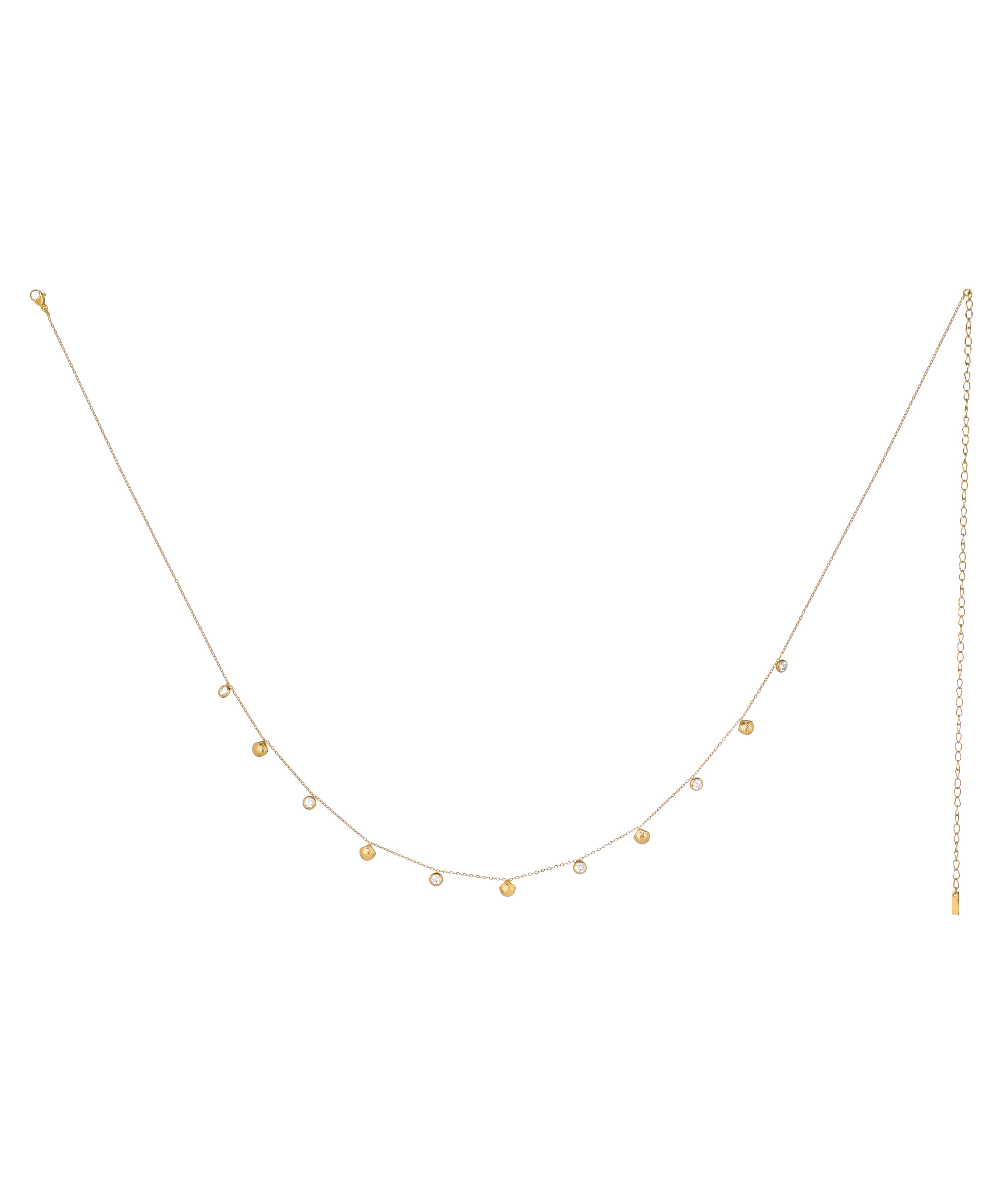 Gold-tone waist chain with alternating round beads and clear CZ stone dangle charms