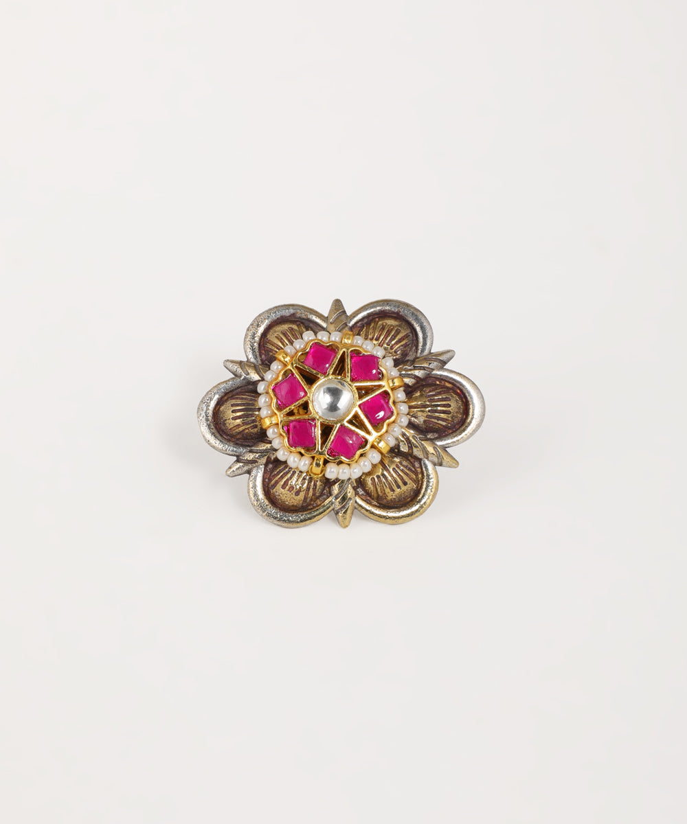 Oxidised silver-tone and gold-tone ring with pink glass stones, faux pearls, and floral motif