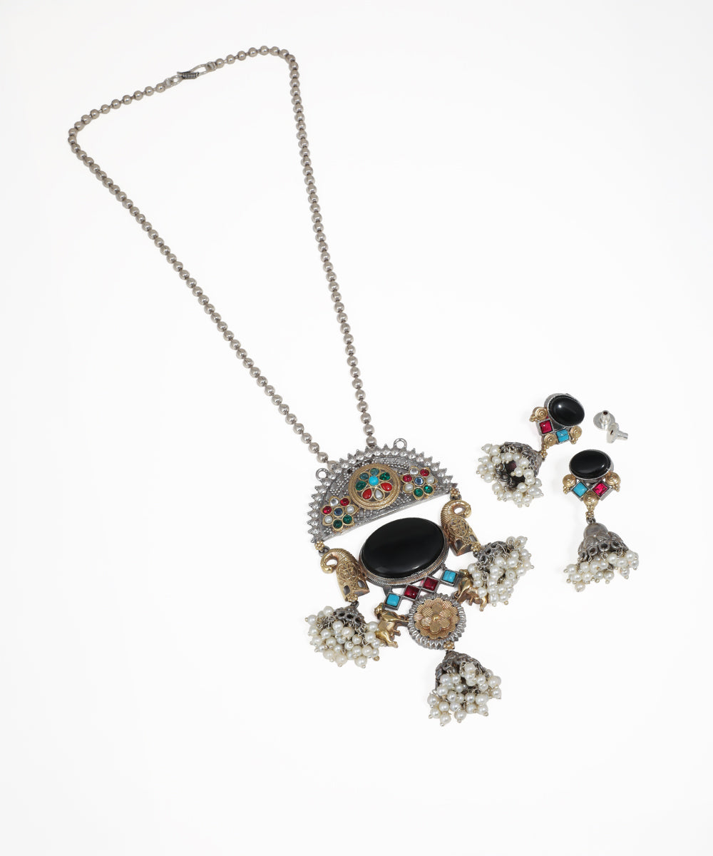 Silver-tone and antique gold-tone Oxidise necklace set with black and multi-colored glass stones and faux pearl jhumkas