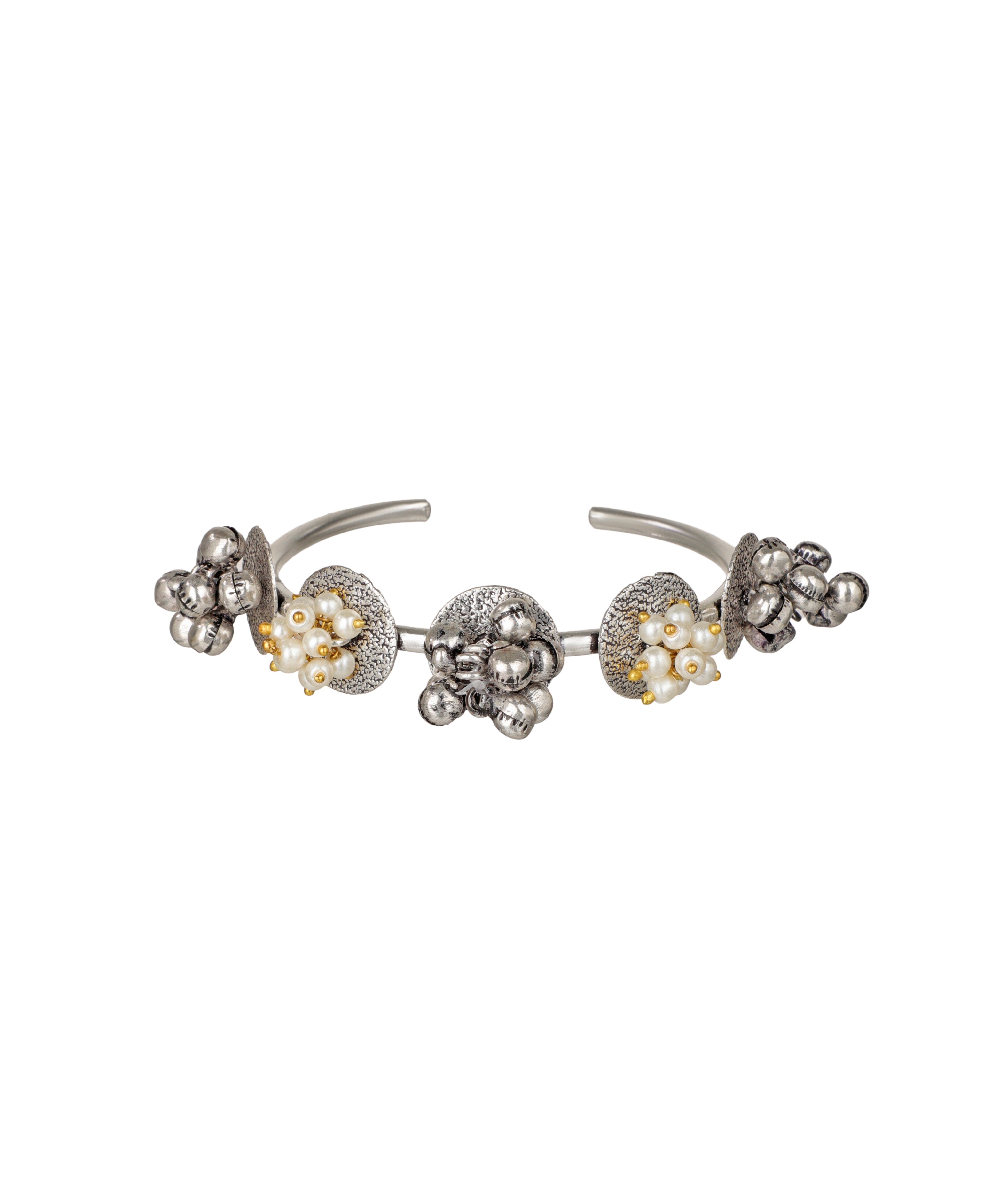Oxidised hand cuff with textured metallic clusters and faux pearls
