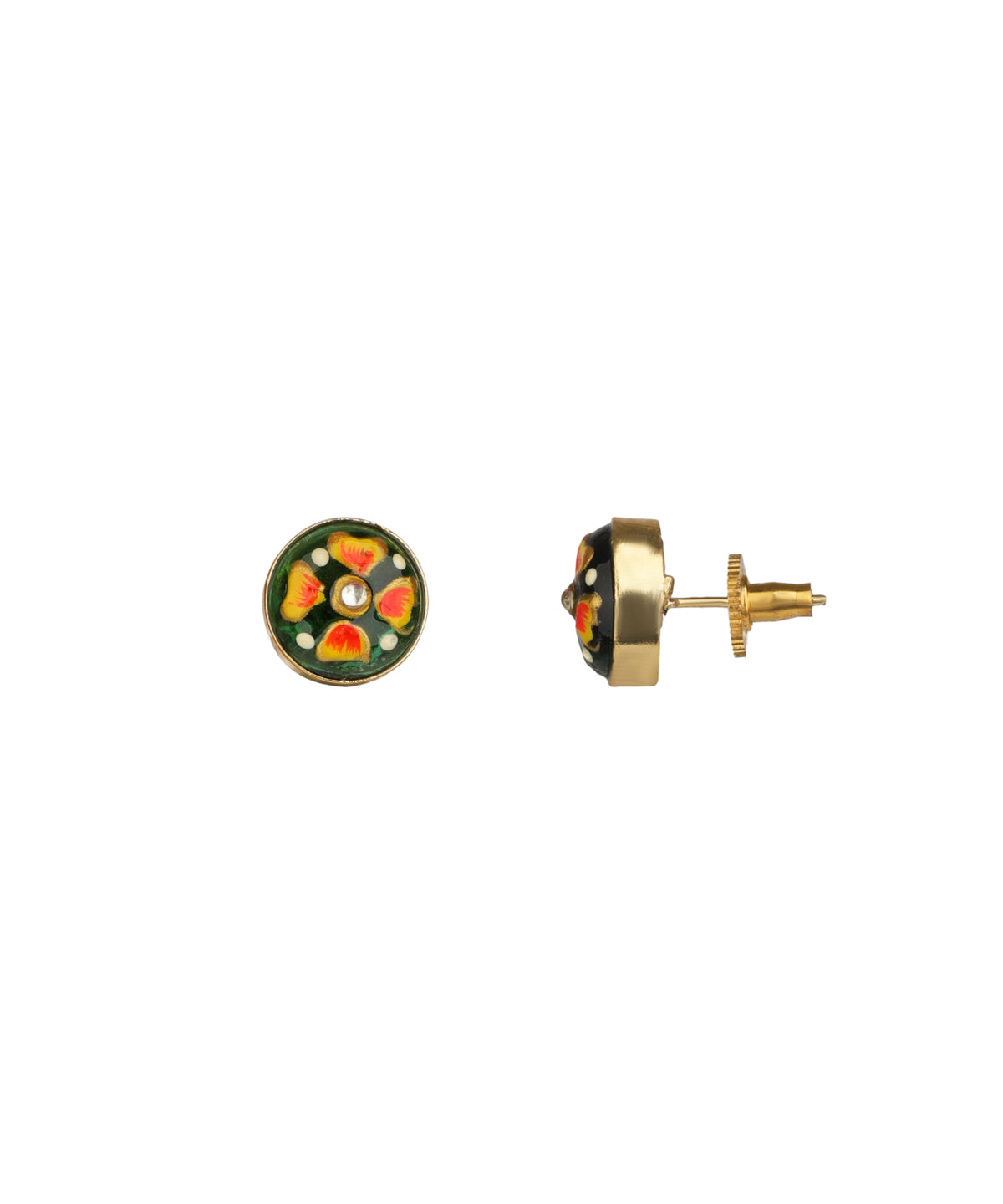 A pair of gold stud earrings with colorful enamel floral designs, shown from both front and side angles on a plain white background.