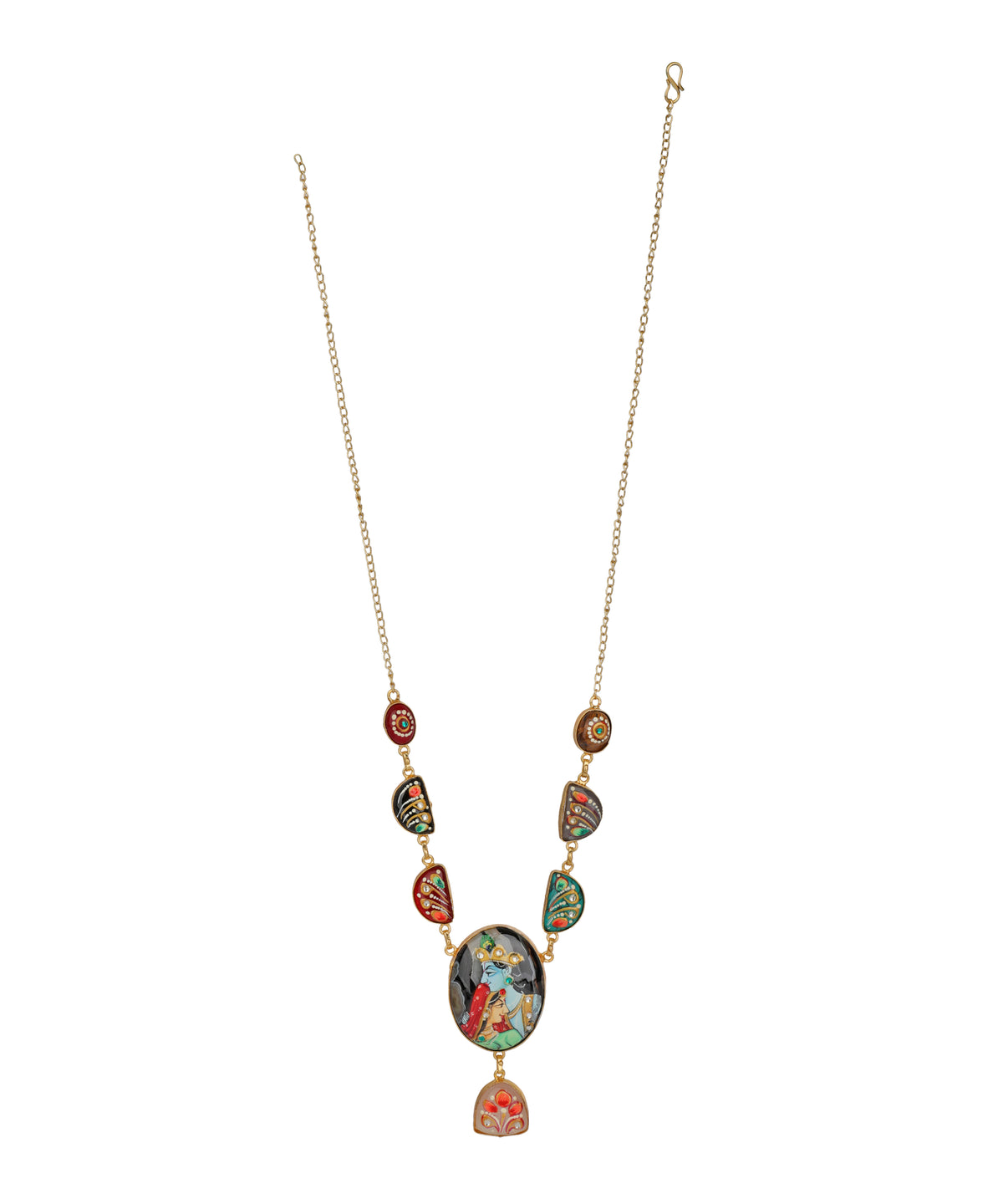 A gold-tone chain necklace featuring a series of colorful, patterned oval and teardrop charms, culminating in a larger central pendant with a floral design and a small teardrop charm below, shown against a plain white background.