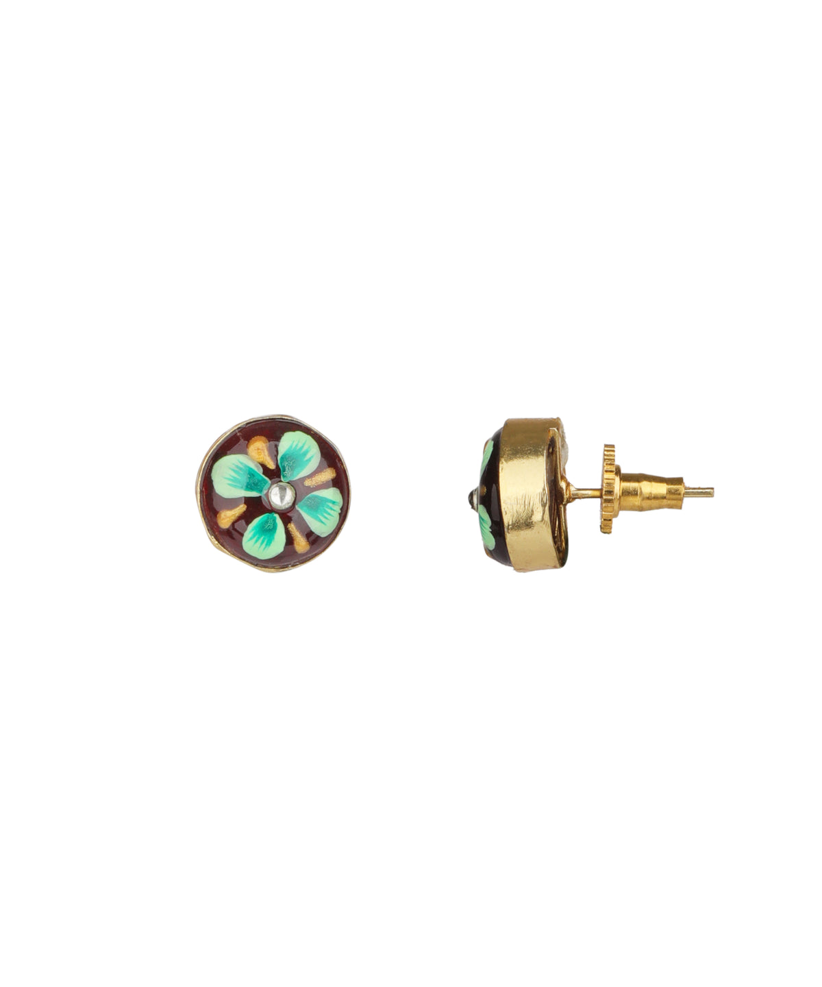 A pair of gold stud earrings featuring a circular enamel flower design with turquoise, green, and white petals on a dark brown background, shown from both front and side angles against a plain white background.