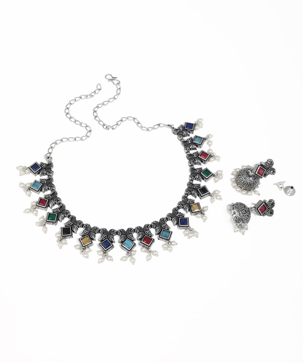 Oxidized finish necklace set with multicolor glass crystals and faux pearl drops