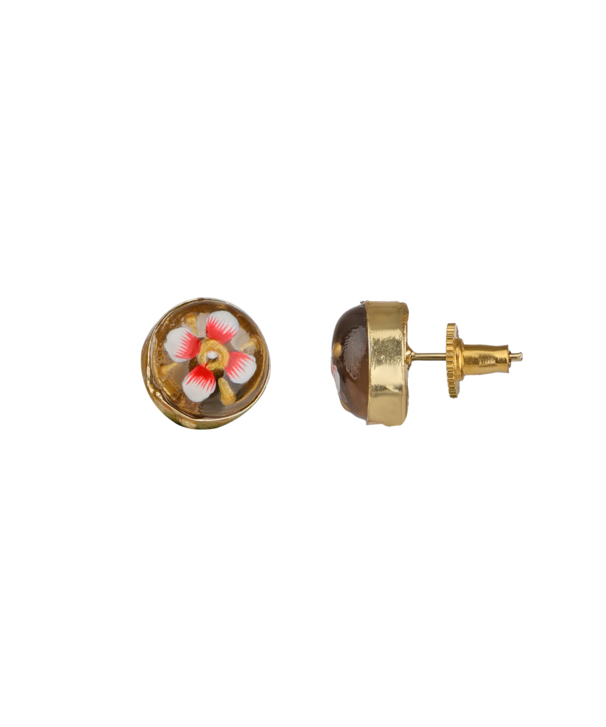 A pair of gold stud earrings on a white background, one showing a circular face with a colorful floral enamel design in pink, white, and yellow, and the other showing the side profile with a brown dome and gold post.