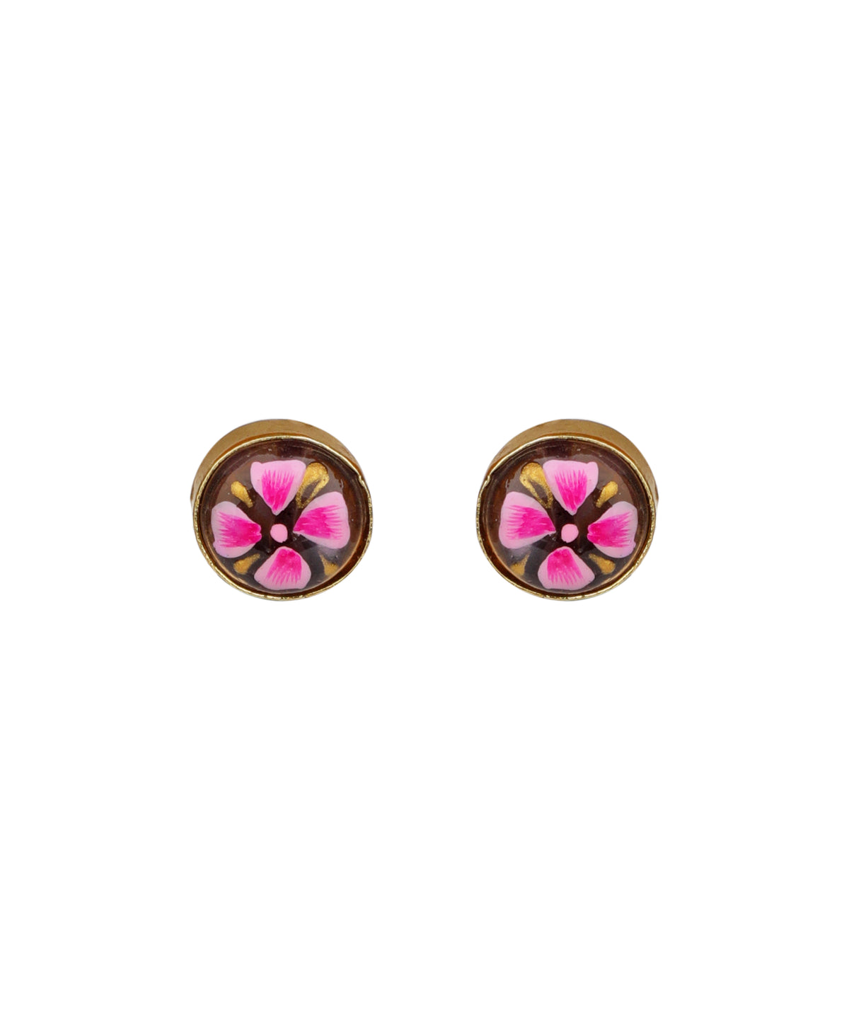A pair of round gold-tone stud earrings featuring a pink and black floral design under a clear dome, shown on a plain white background.