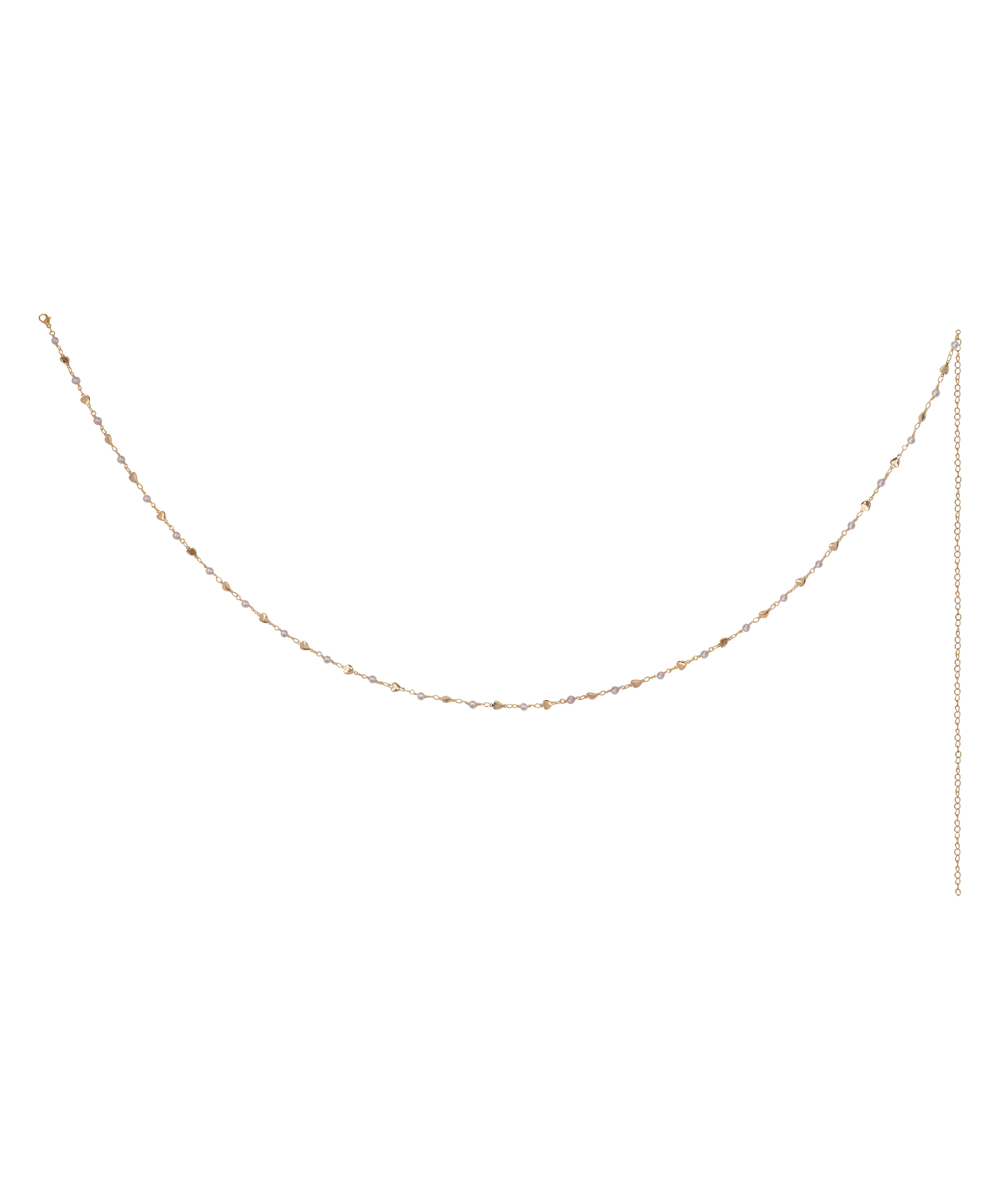 Gold-tone waist chain with small, irregularly shaped metallic beads and an extender chain