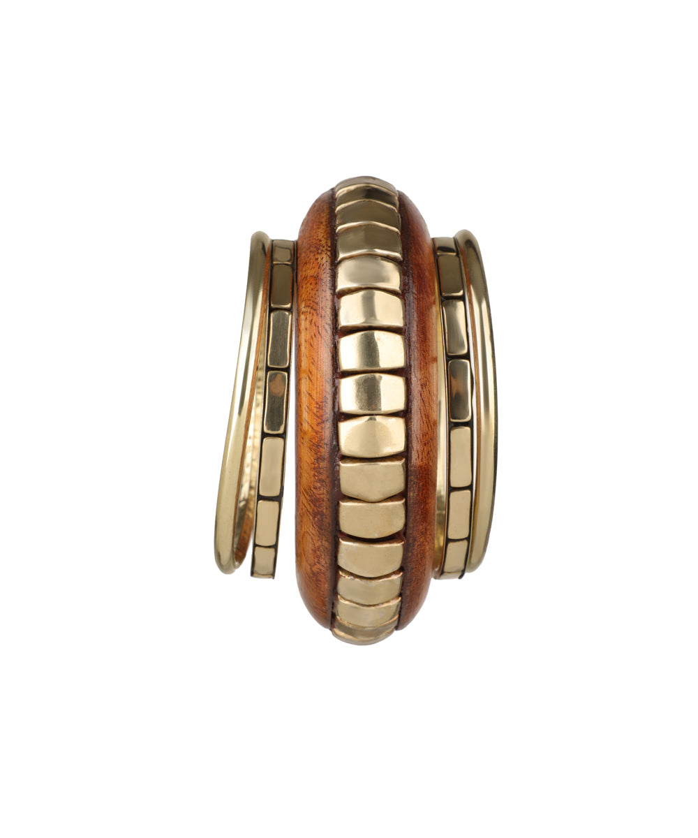 Gold-tone wooden kada with stacked rectangular segments and assorted bangles