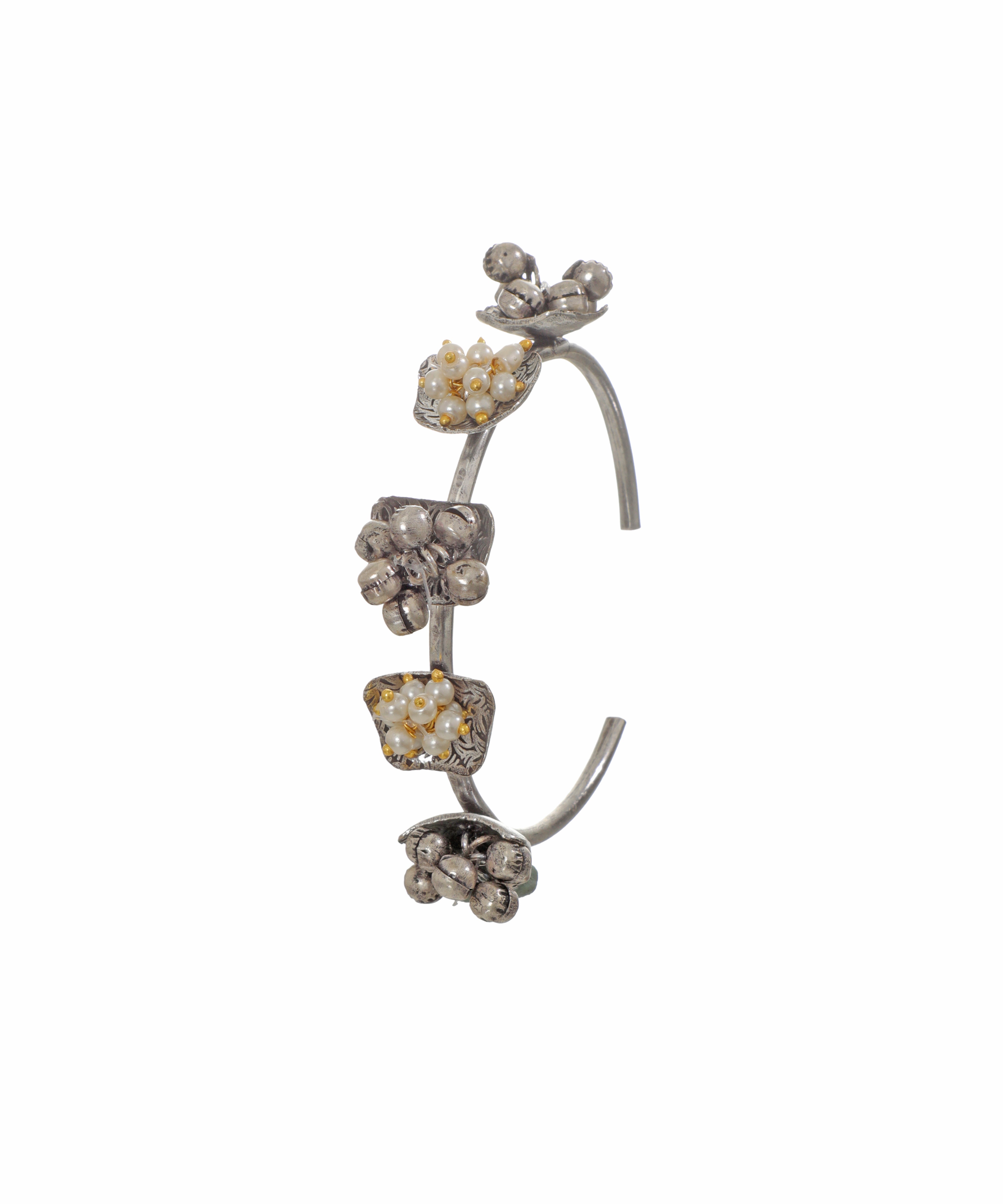 Oxidized silver-tone cuff bracelet with clustered faux pearls and ghungroos