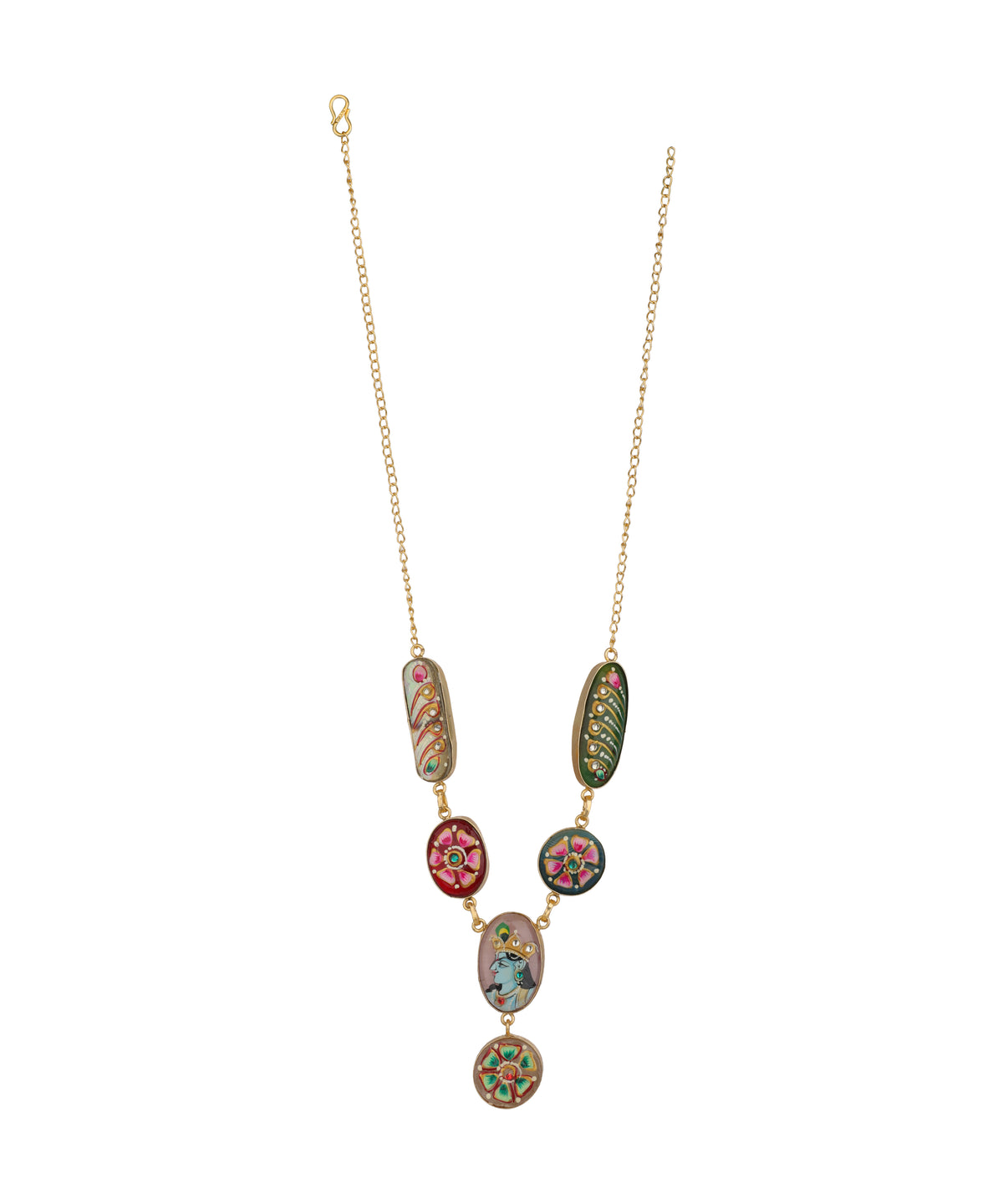 A gold-tone chain necklace featuring a multi-stone pendant arrangement with colorful, patterned cabochons in shades of green, pink, red, and blue, set against a plain white background.