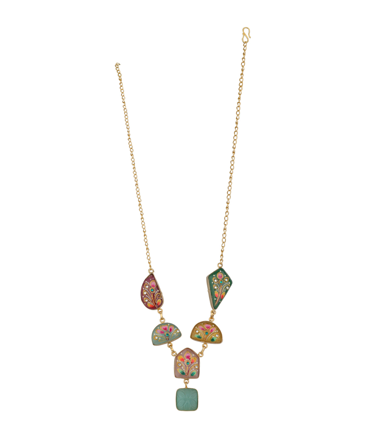 A gold chain necklace featuring a series of colorful, hand-painted enamel geometric charms in shades of green, pink, orange, and yellow, displayed against a solid white background.