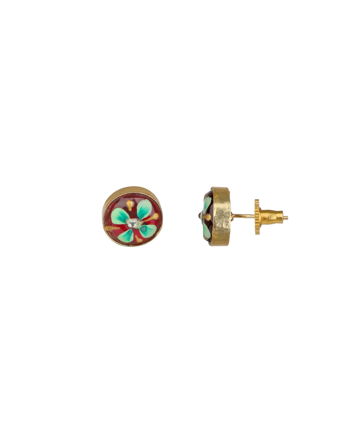 A pair of gold stud earrings with circular floral enamel designs, one shown from the front and the other from the side/back. The front face features a red enamel background with a turquoise and white flower motif, while the side view shows the gold post and backing.