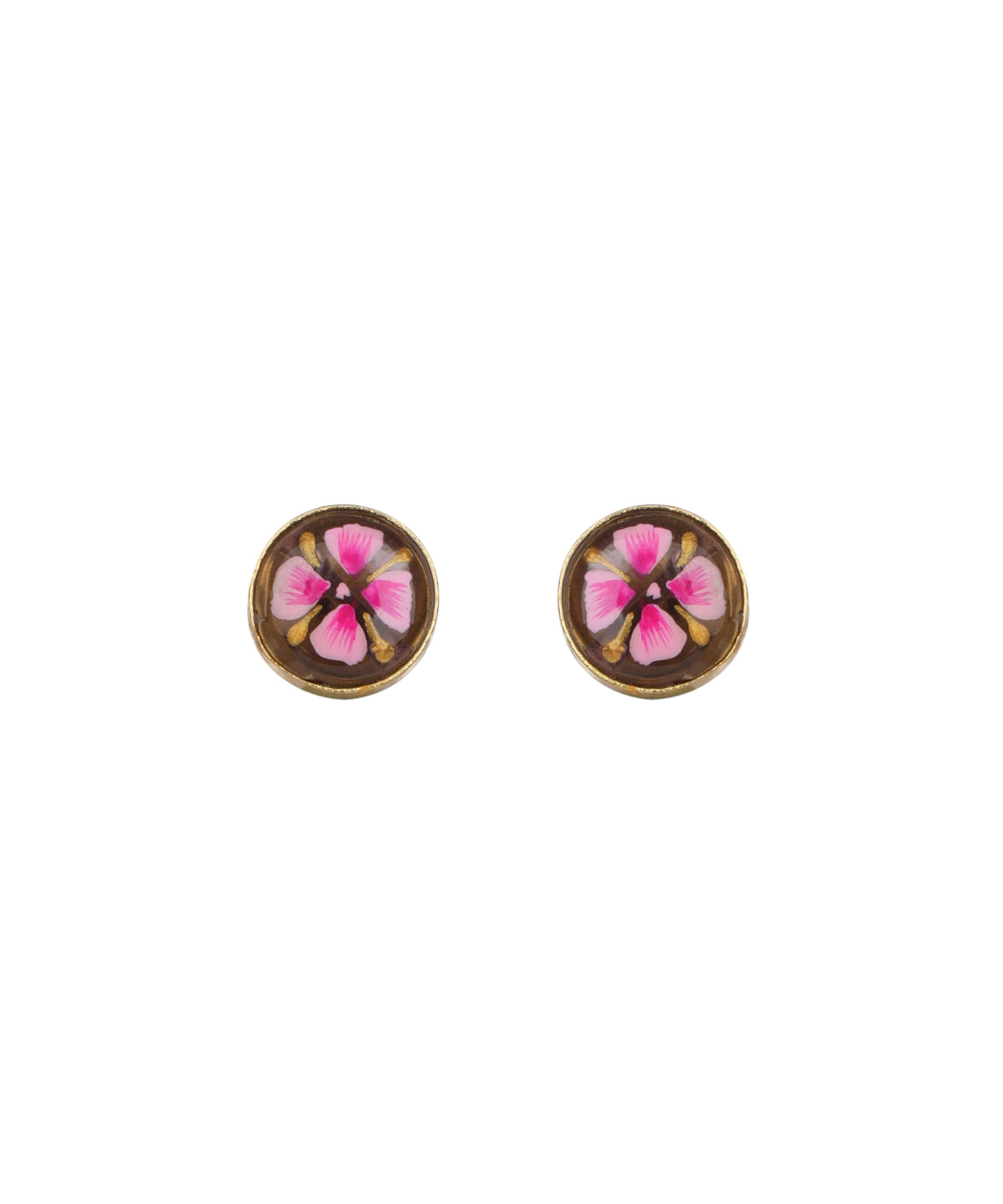 A pair of oval stud earrings with a brown background and a pink flower design, set in a gold-tone metal frame, shown on a plain white background.