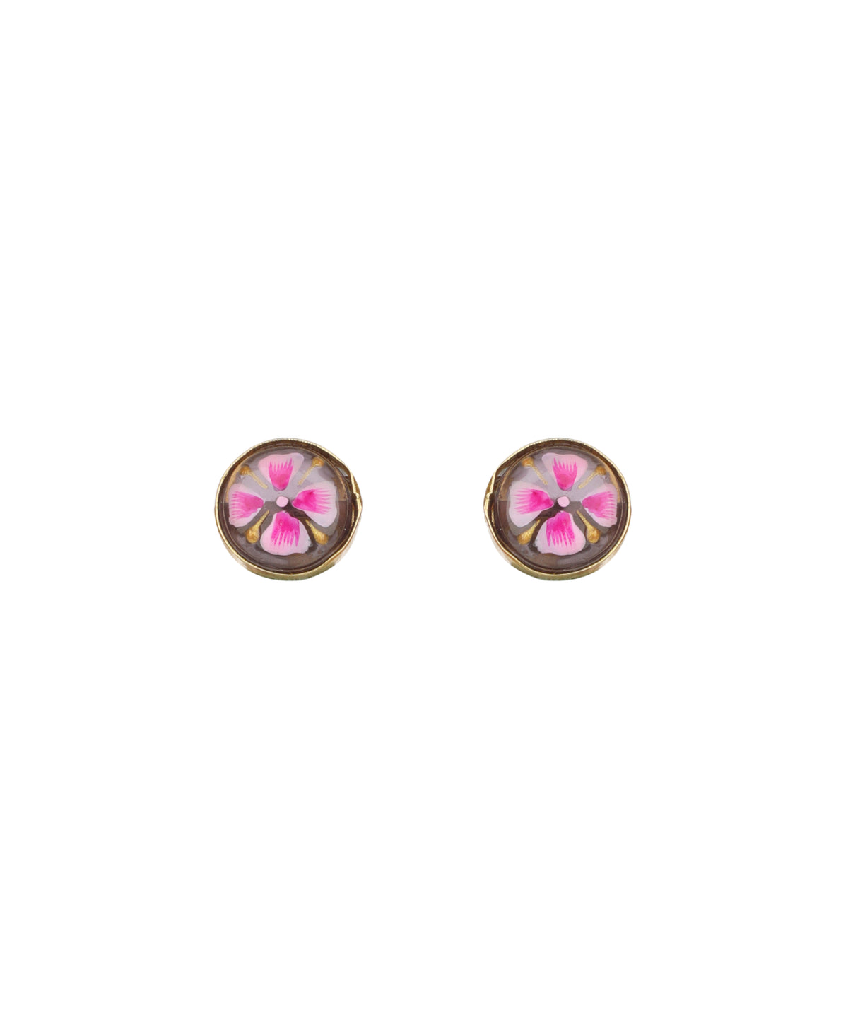 A pair of round stud earrings with a gold-toned bezel setting, featuring a pink and white floral design on a light background.