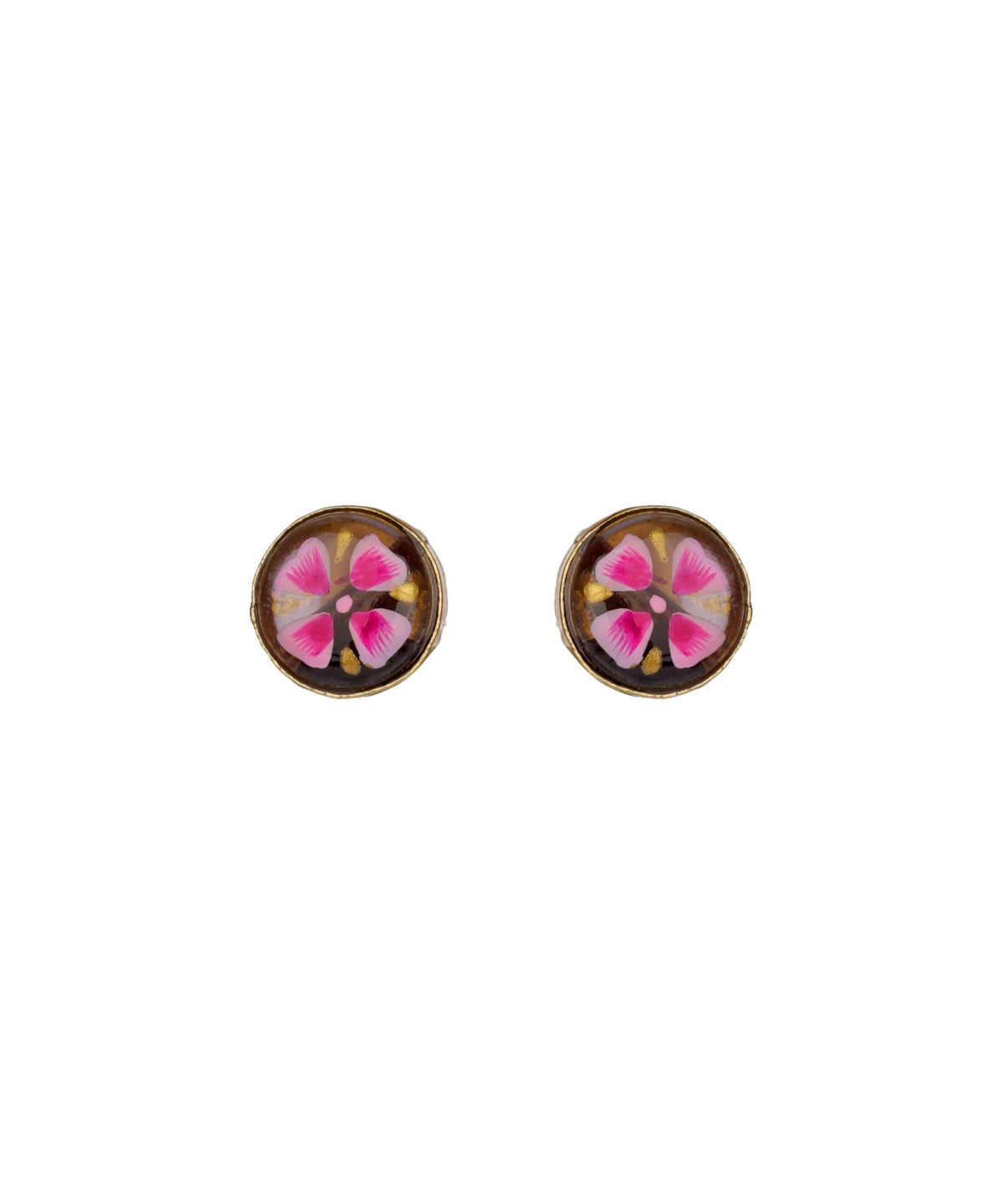 A pair of round stud earrings with a brown background and a pink and white floral design in the center, set against a plain white background.