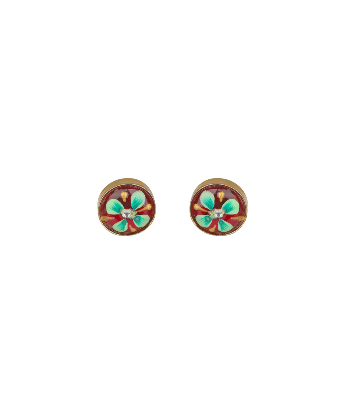 A pair of round stud earrings with a gold-tone metal border and a central floral design featuring turquoise green and red enamel details, set against a plain white background.