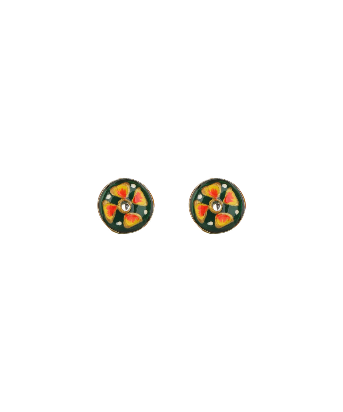 A pair of round, hand-painted Millefiori-style stud earrings on a plain white background.