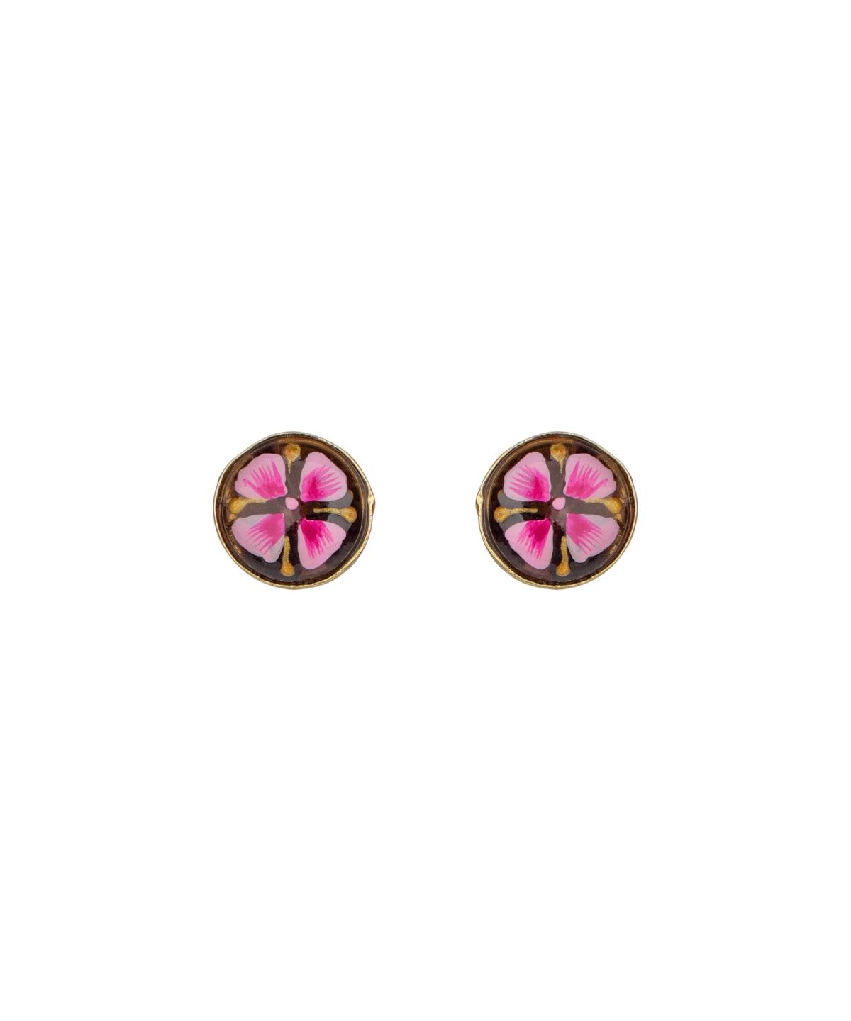 A pair of round stud earrings with pink and magenta floral designs set in a gold-tone metal, shown against a plain white background.