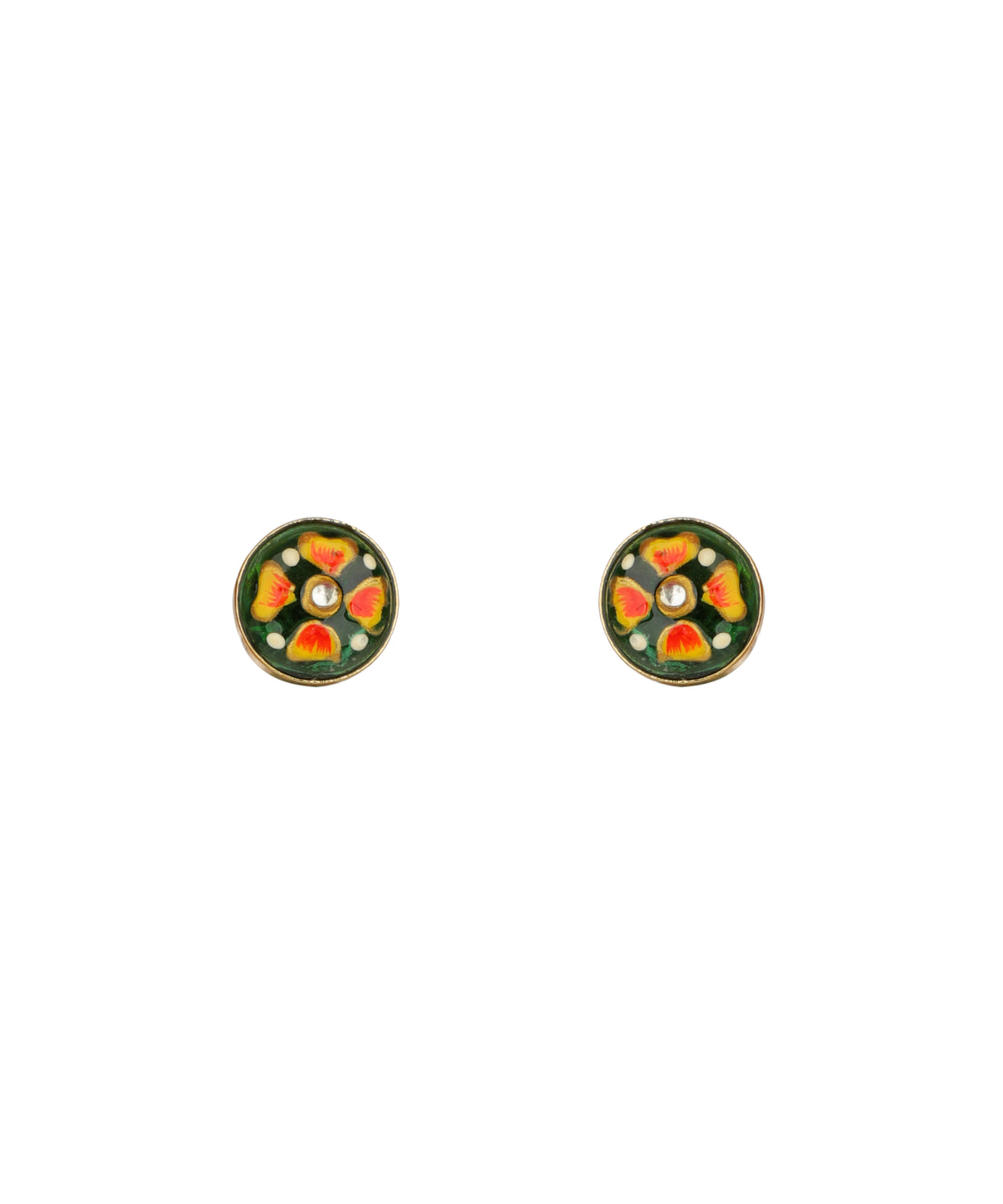 A pair of round gold-tone stud earrings decorated with colorful enamel in green, orange, yellow, and white, set against a plain white background.